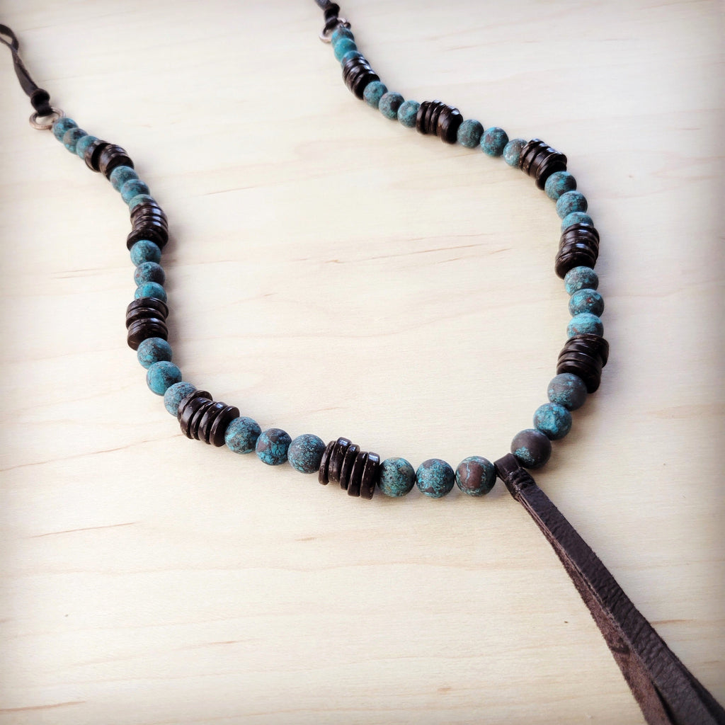 Natural American Turquoise Necklace w/ Wood Beads & Tassel 262i