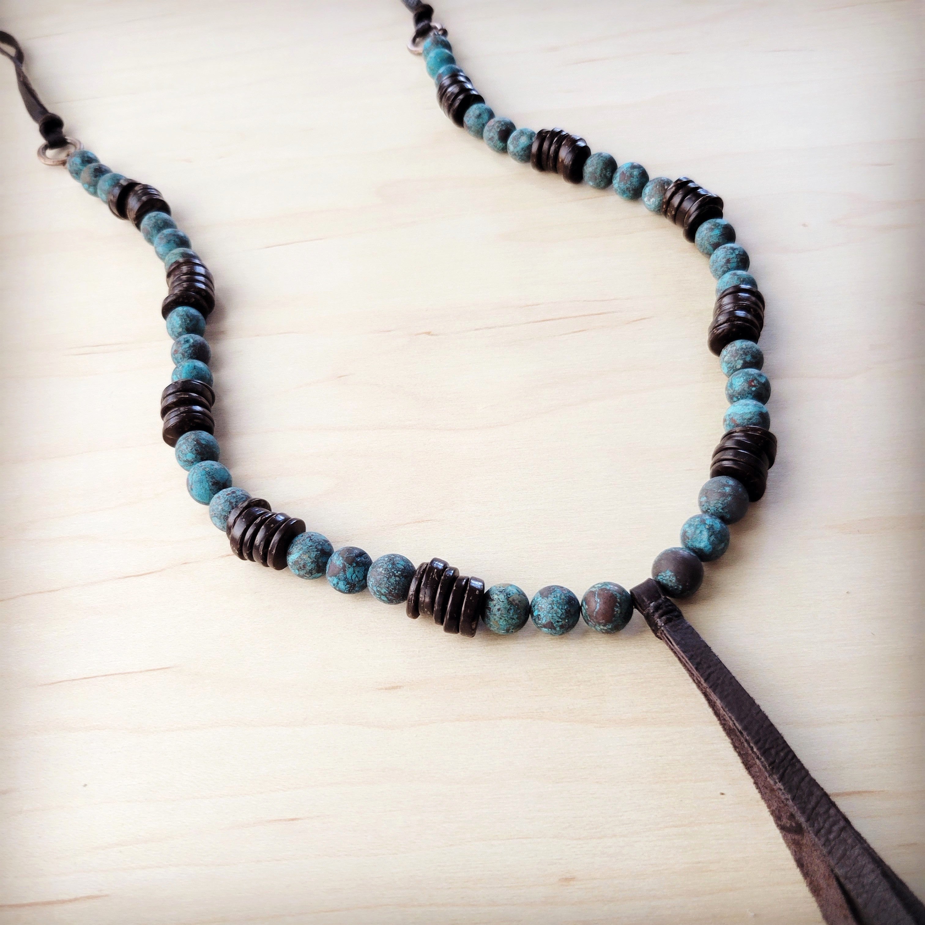 Natural American Turquoise Necklace w/ Wood Beads & Tassel 262i