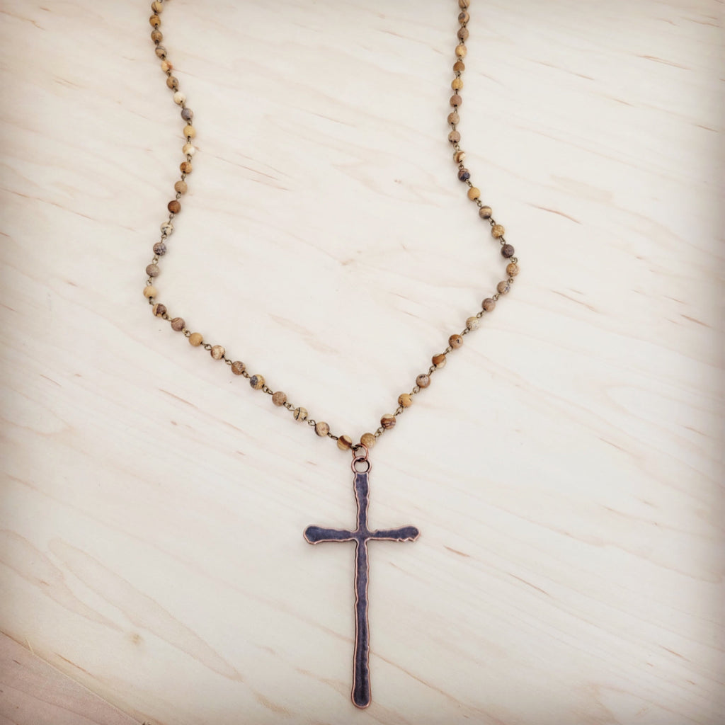 Genuine Picture Jasper Long Beaded Necklace with Antique Copper Cross 262w