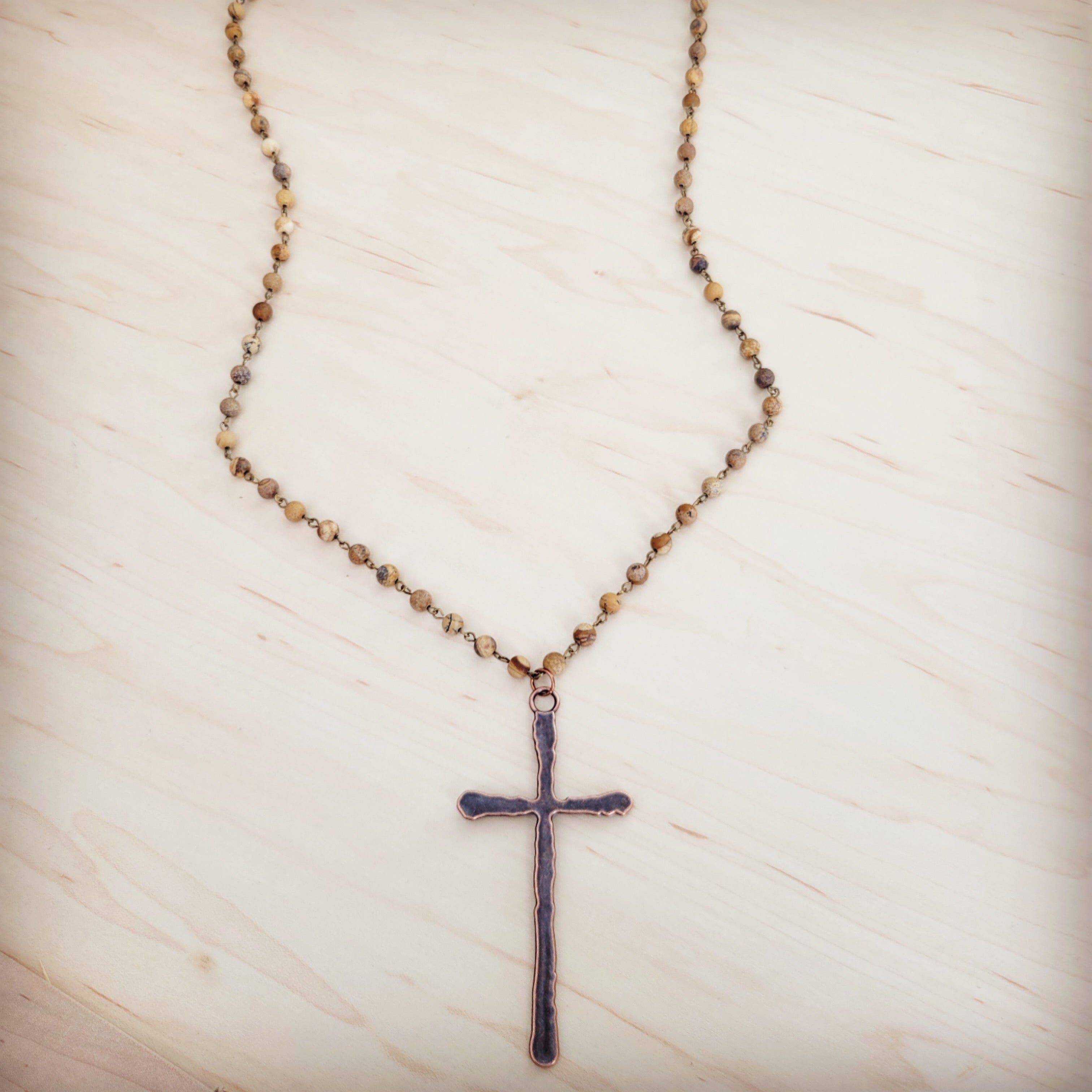 Genuine Picture Jasper Long Beaded Necklace with Antique Copper Cross 262w