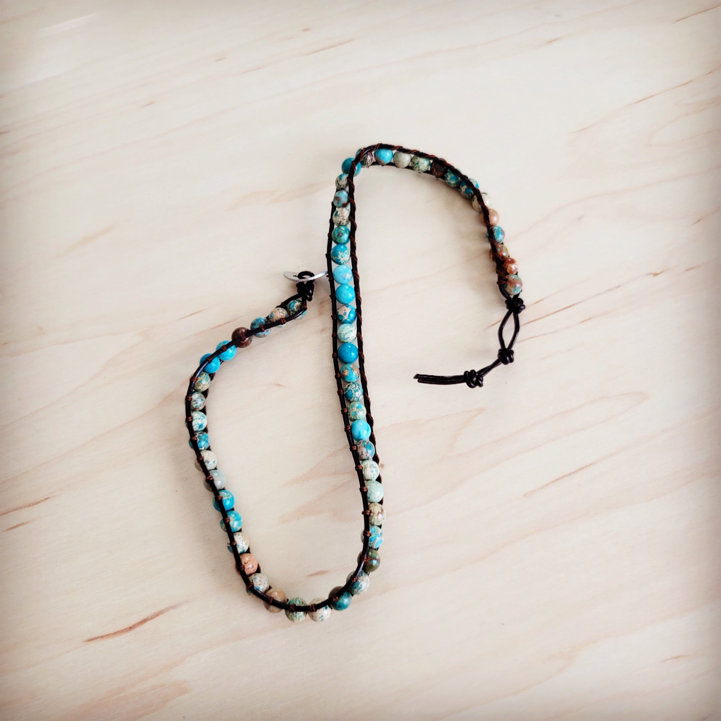 Genuine Jasper Beaded Leather Double Wrap Bracelet 811s