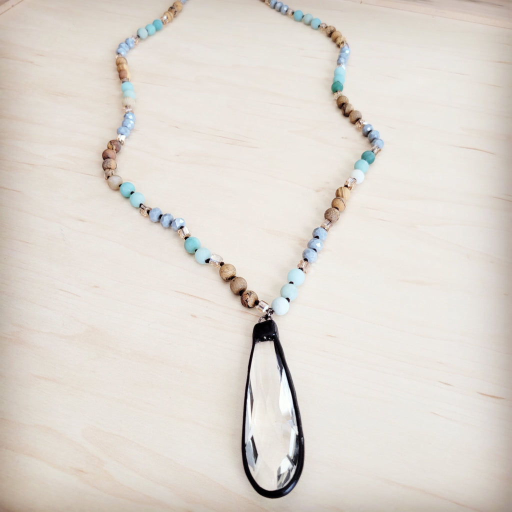 Picture Jasper & Amazonite Long Beaded Necklace w/ Crystal Pendant 262r