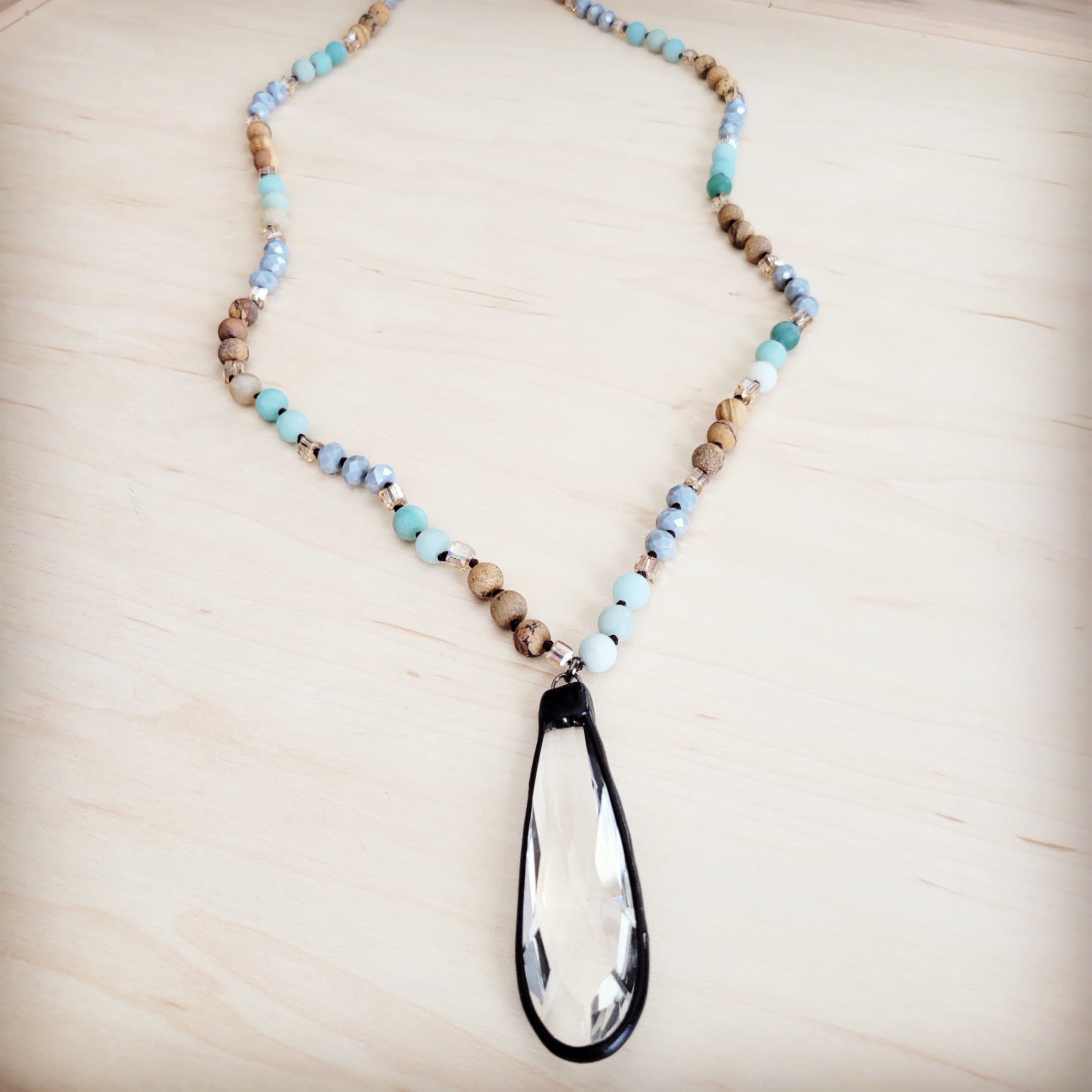 Picture Jasper & Amazonite Long Beaded Necklace w/ Crystal Pendant 262r