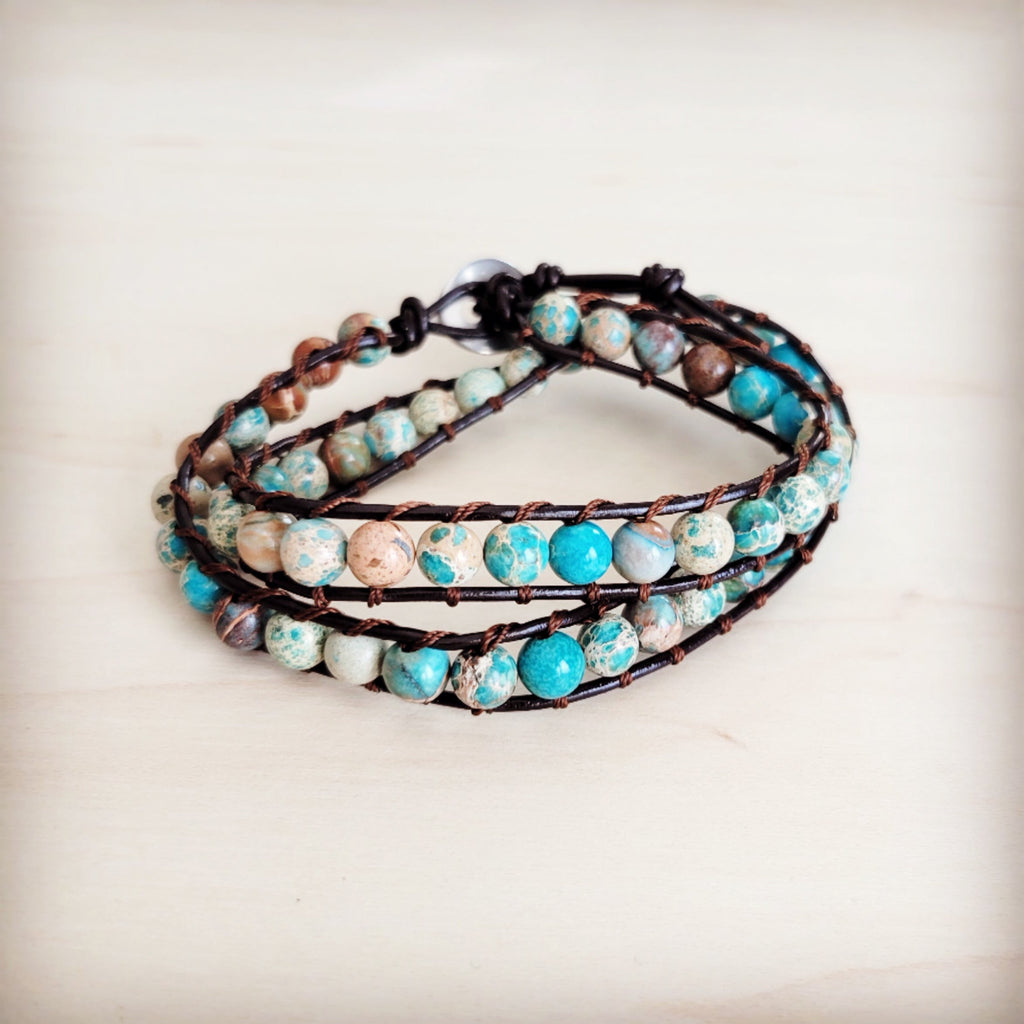 Genuine Jasper Beaded Leather Double Wrap Bracelet 811s