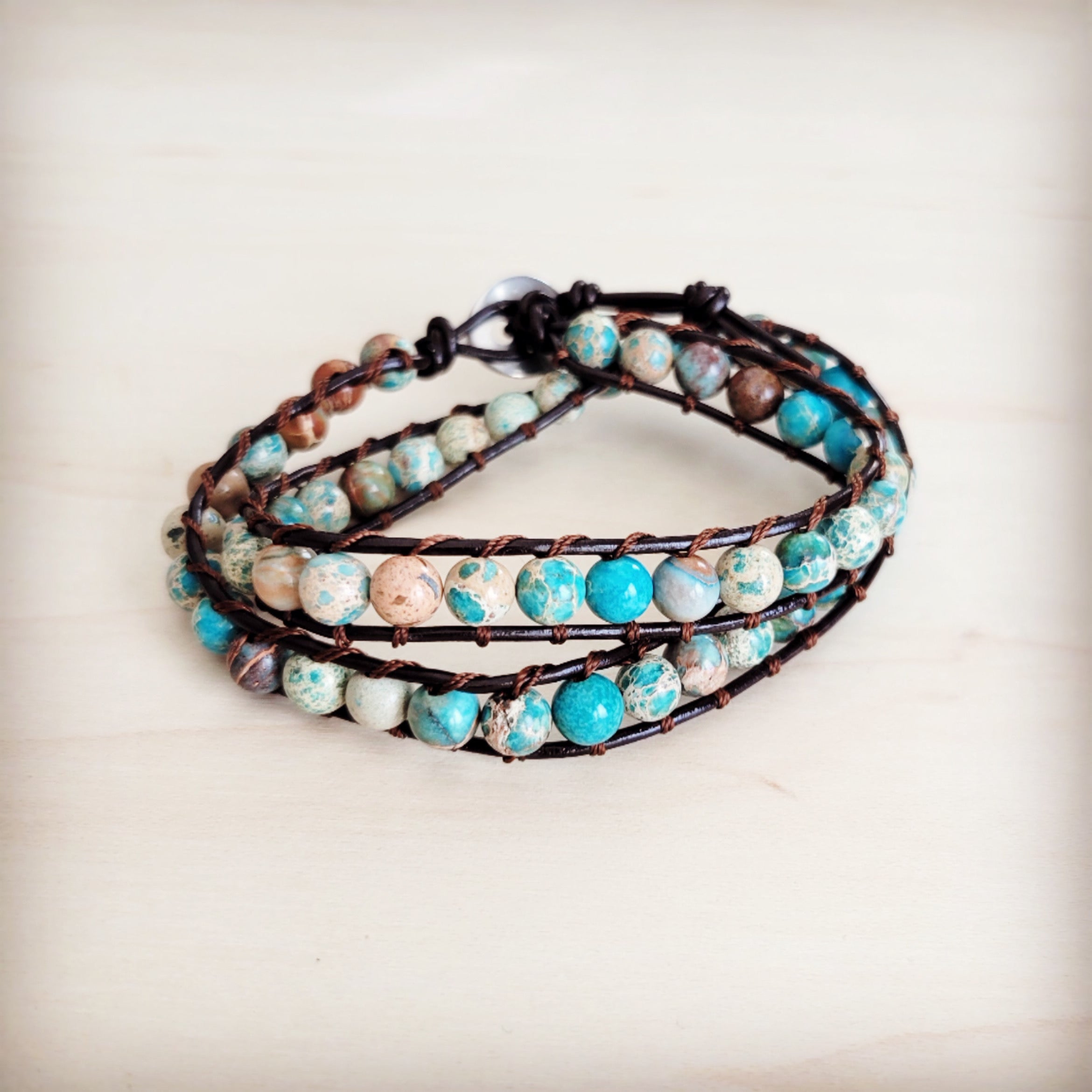 Genuine Jasper Beaded Leather Double Wrap Bracelet 811s