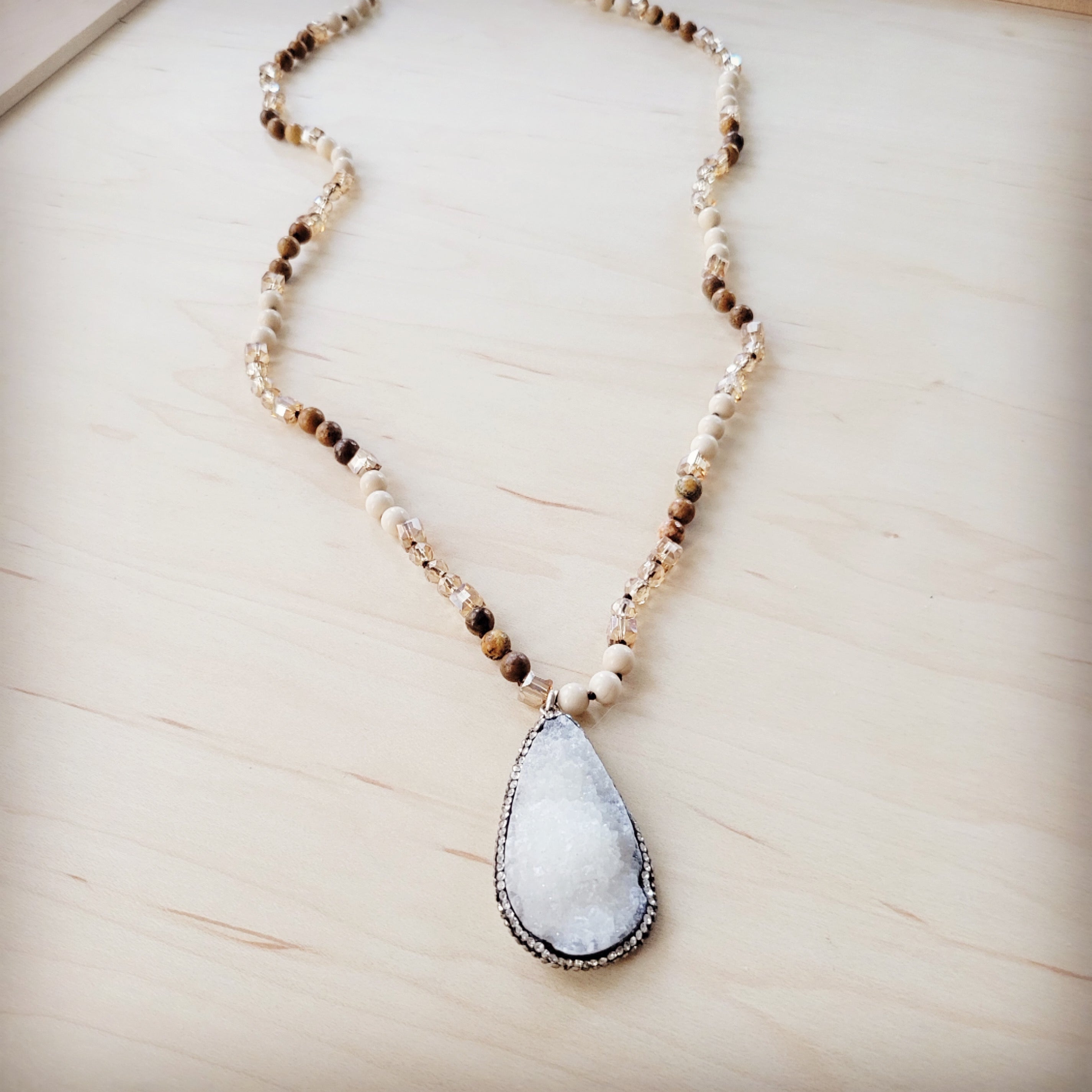 Picture Jasper Beaded Necklace w/ Druzy Pendant 262v