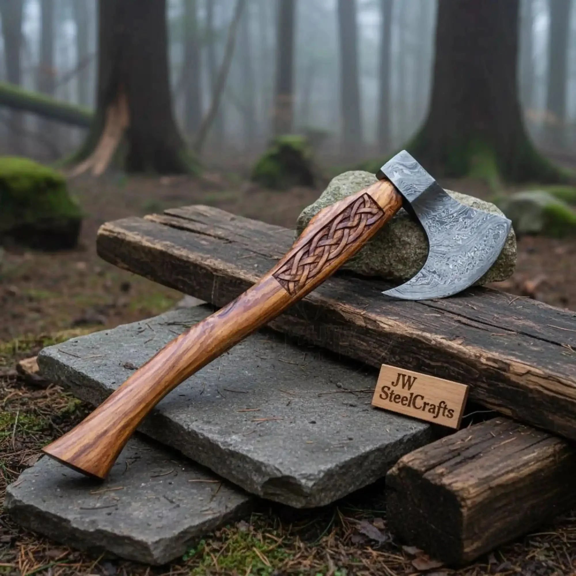 Hand Forged Damascus Bearded Viking Axe, Carved Rosewood Handle Nordic Bushcraft Hatchet | JW SteelCrafts