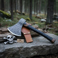Heavy Duty Damascus Camp Axe with Leather Wrap Handle and Sheath, Hand-Forged Bushcraft Axe | JW SteelCrafts