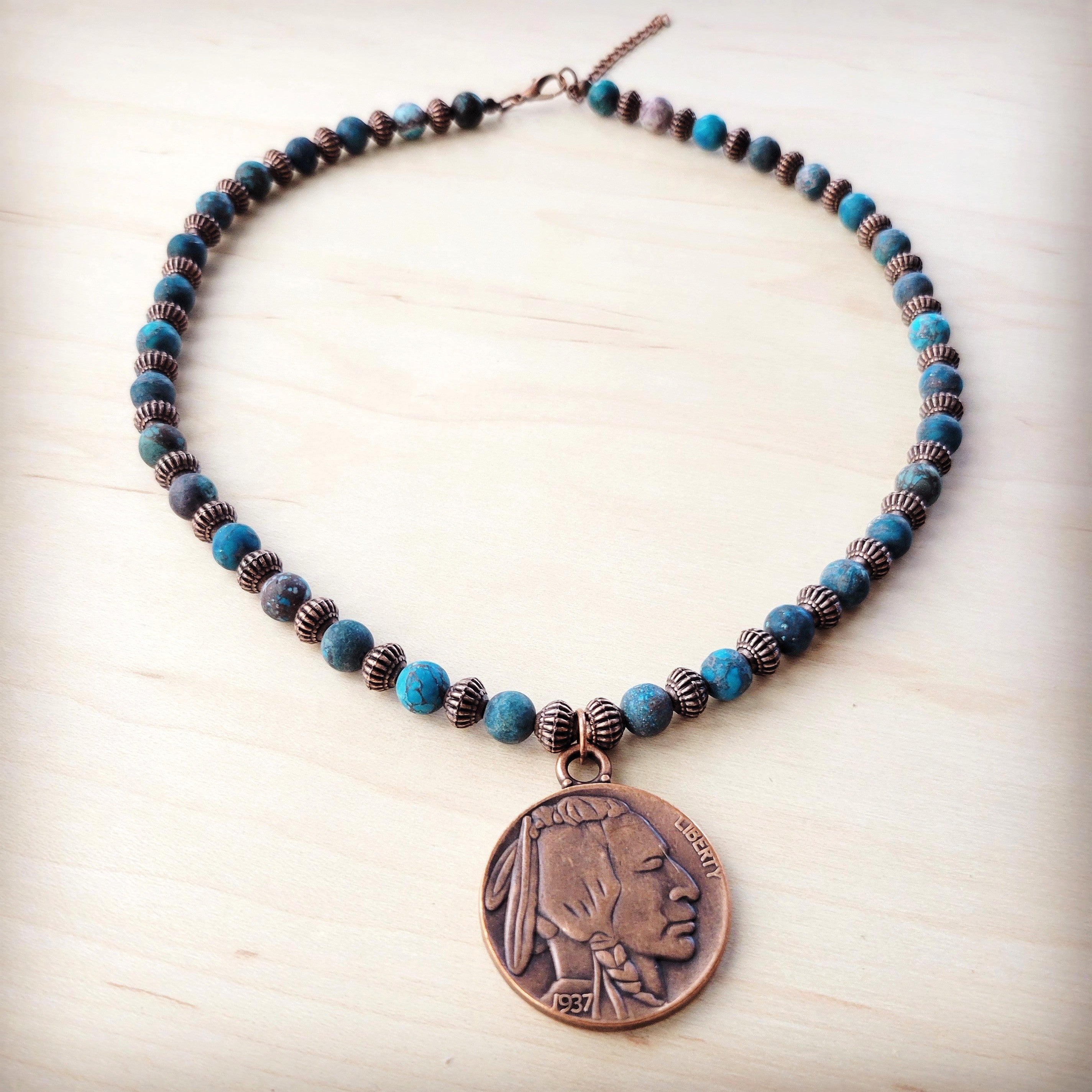 Natural American Turquoise Beaded Collar Necklace w/ Indian Head Pendant 262h