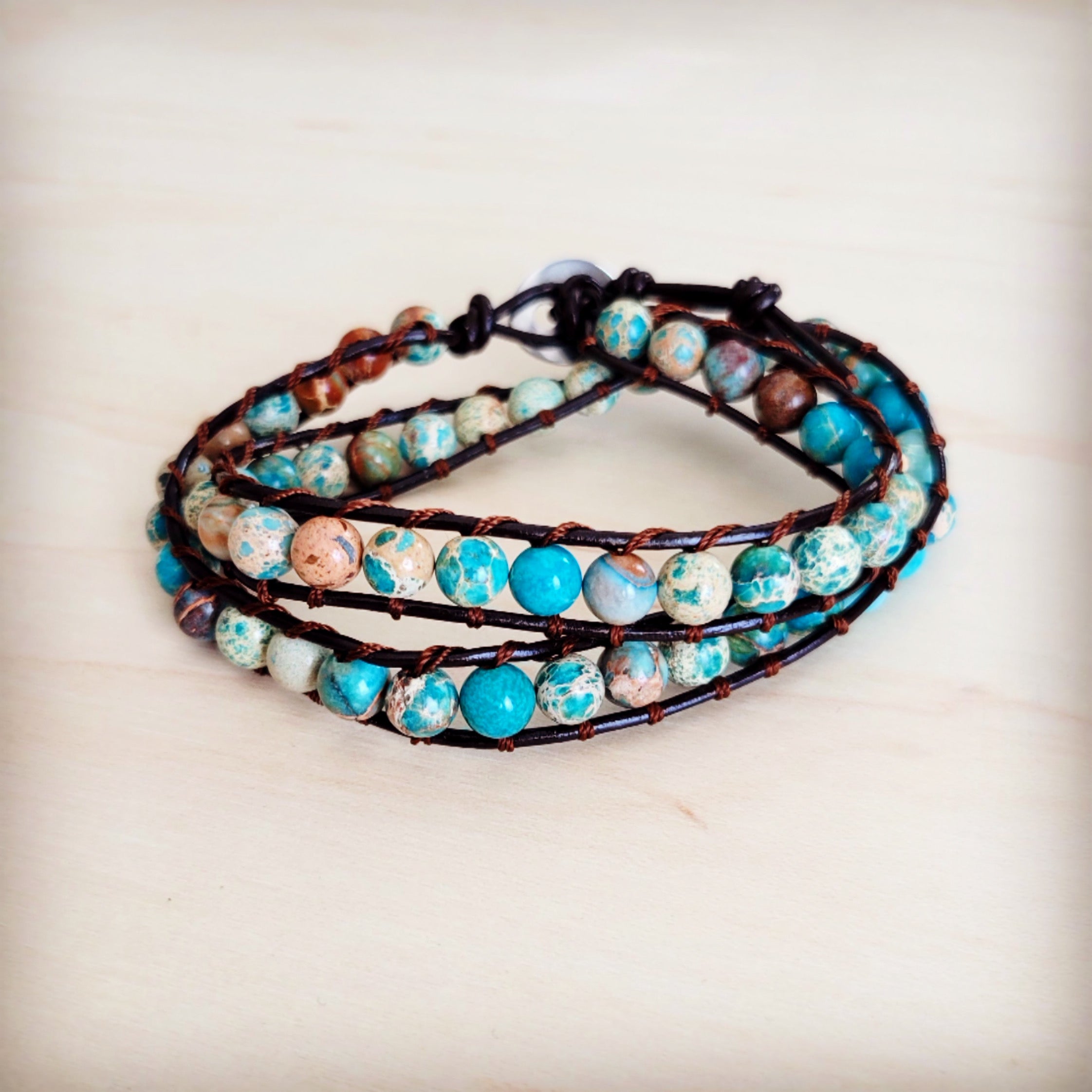 Genuine Jasper Beaded Leather Double Wrap Bracelet 811s