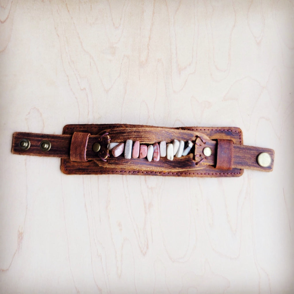 **Genuine Leather Cuff with Aqua Terra Gemstone Chunks 005e