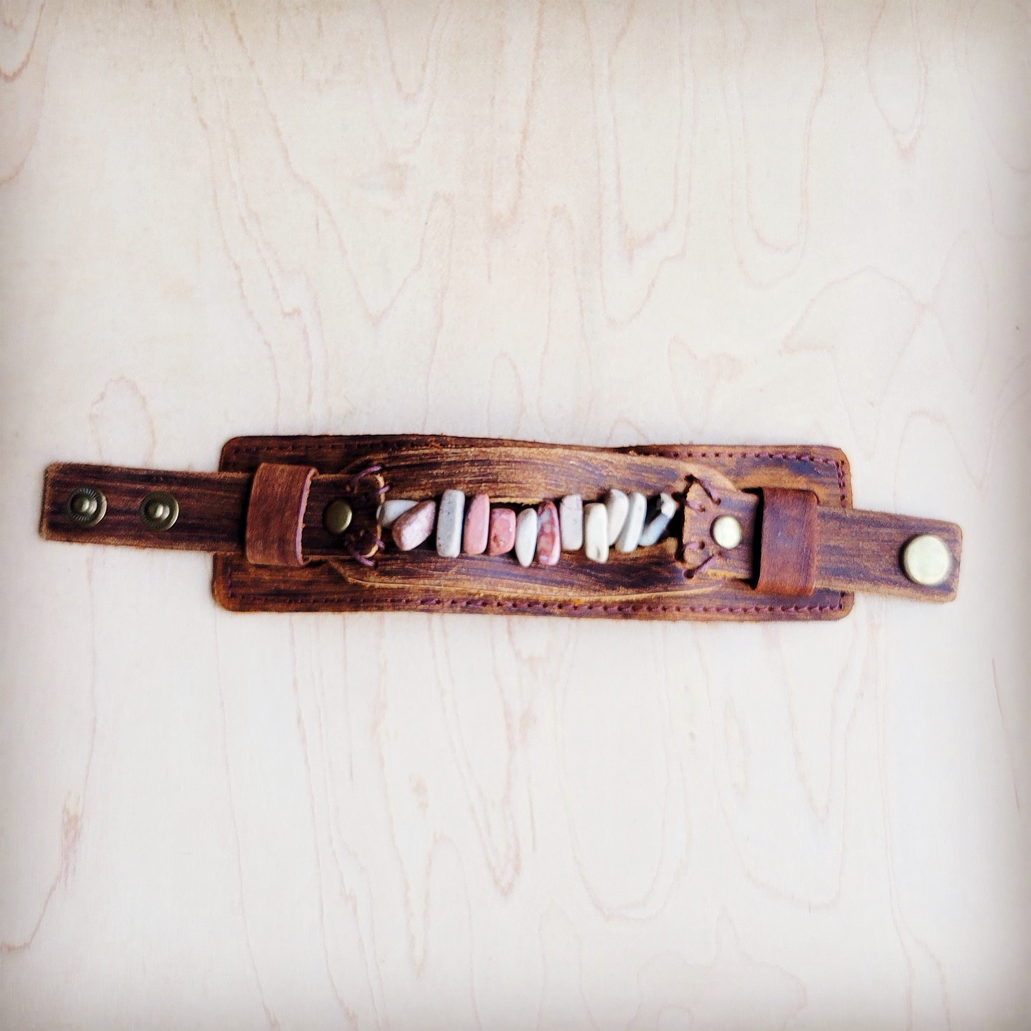 **Genuine Leather Cuff with Aqua Terra Gemstone Chunks 005e
