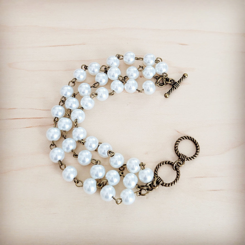 Pearl  & Copper Triple Strand Bracelet 804a