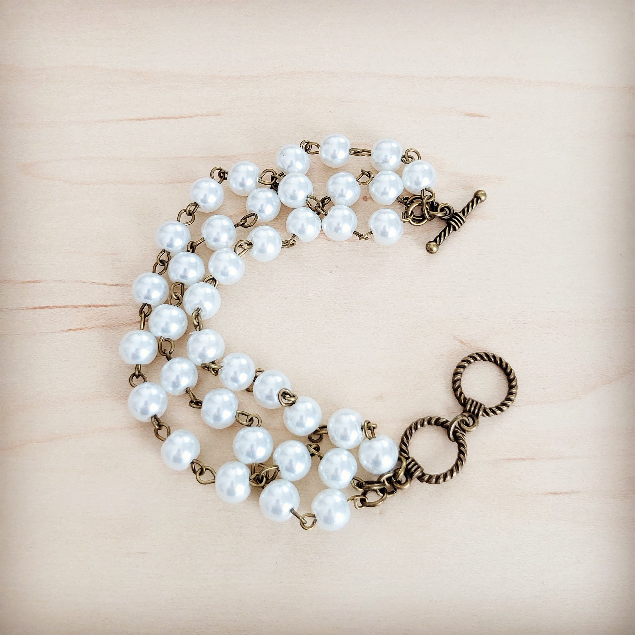 Pearl  & Copper Triple Strand Bracelet 804a