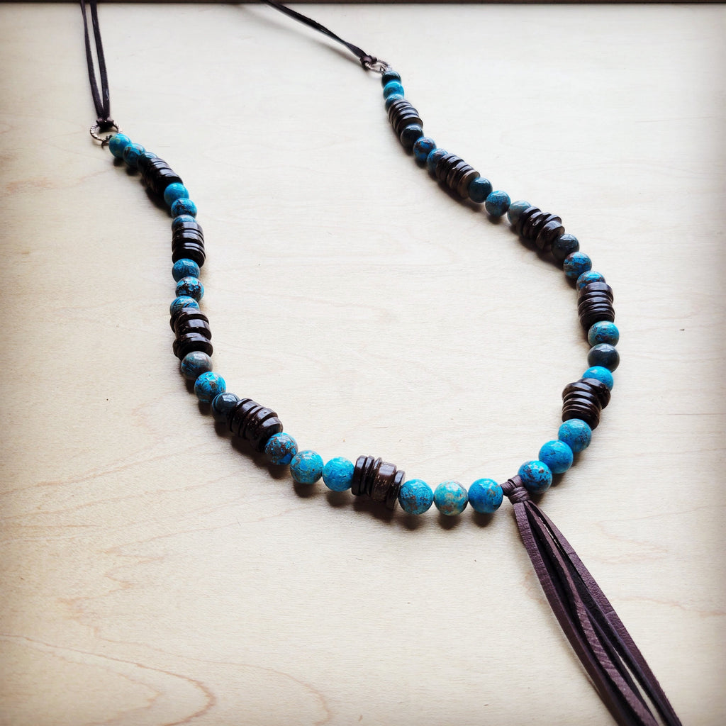 **Ocean Agate Necklace with Wood Beads and Leather Tassel 260b