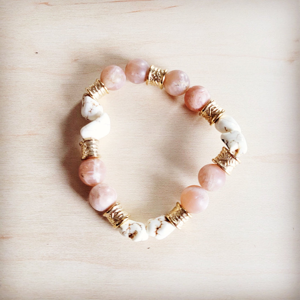 Frosted Sunstone & White Turquoie Beaded Stretch Bracelet 811o