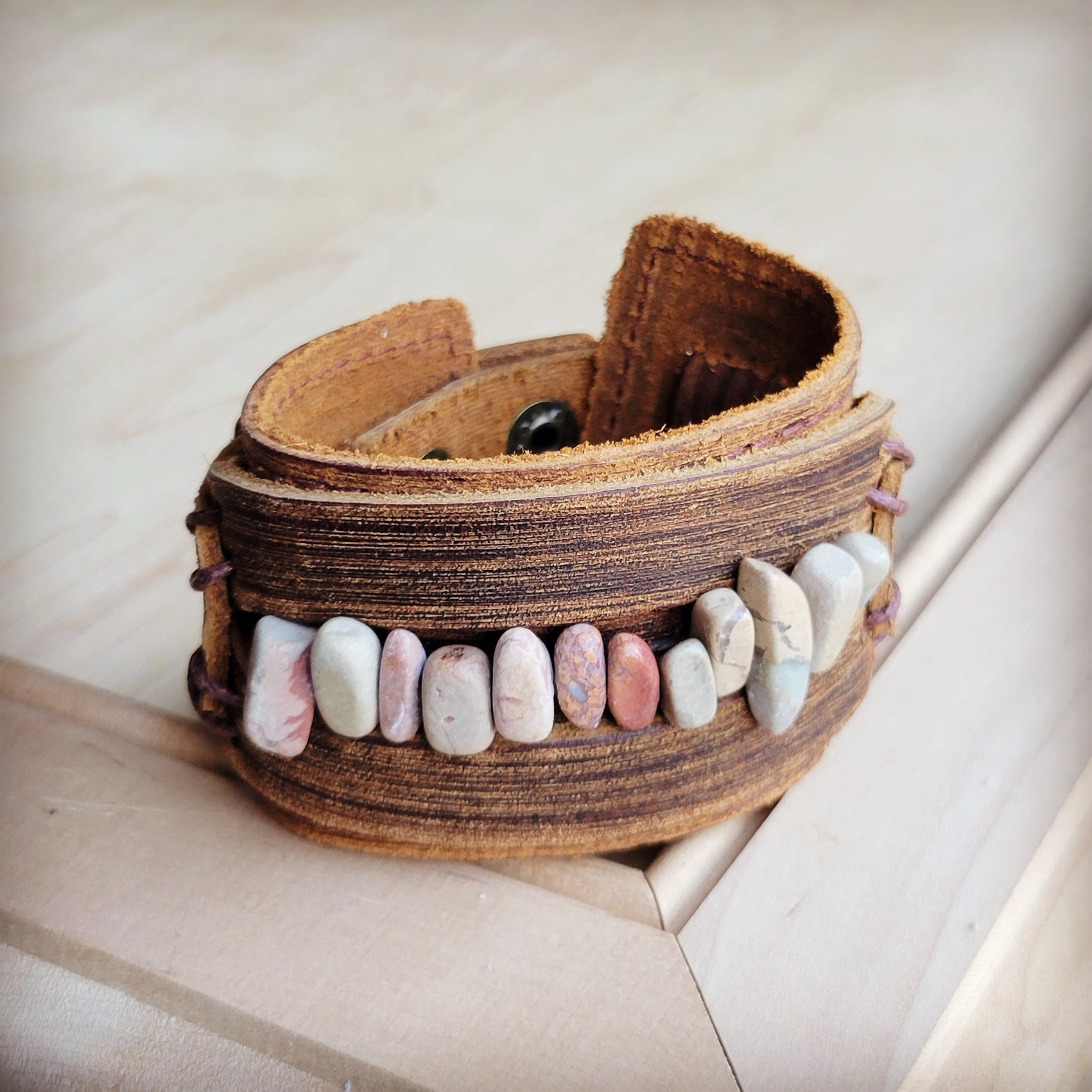 **Genuine Leather Cuff with Aqua Terra Gemstone Chunks 005e