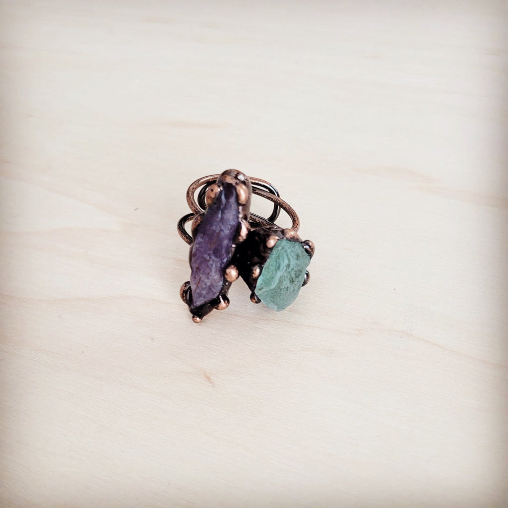 Genuine Amethyst and Quartz Ring in a Copper Setting 012a