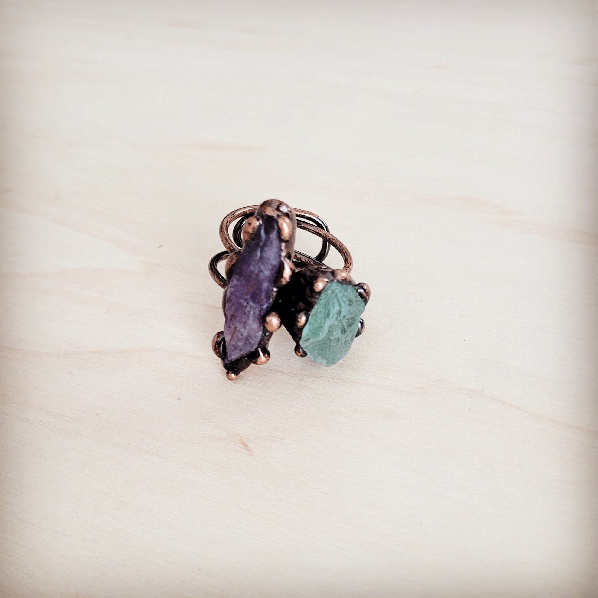 Genuine Amethyst and Quartz Ring in a Copper Setting 012a