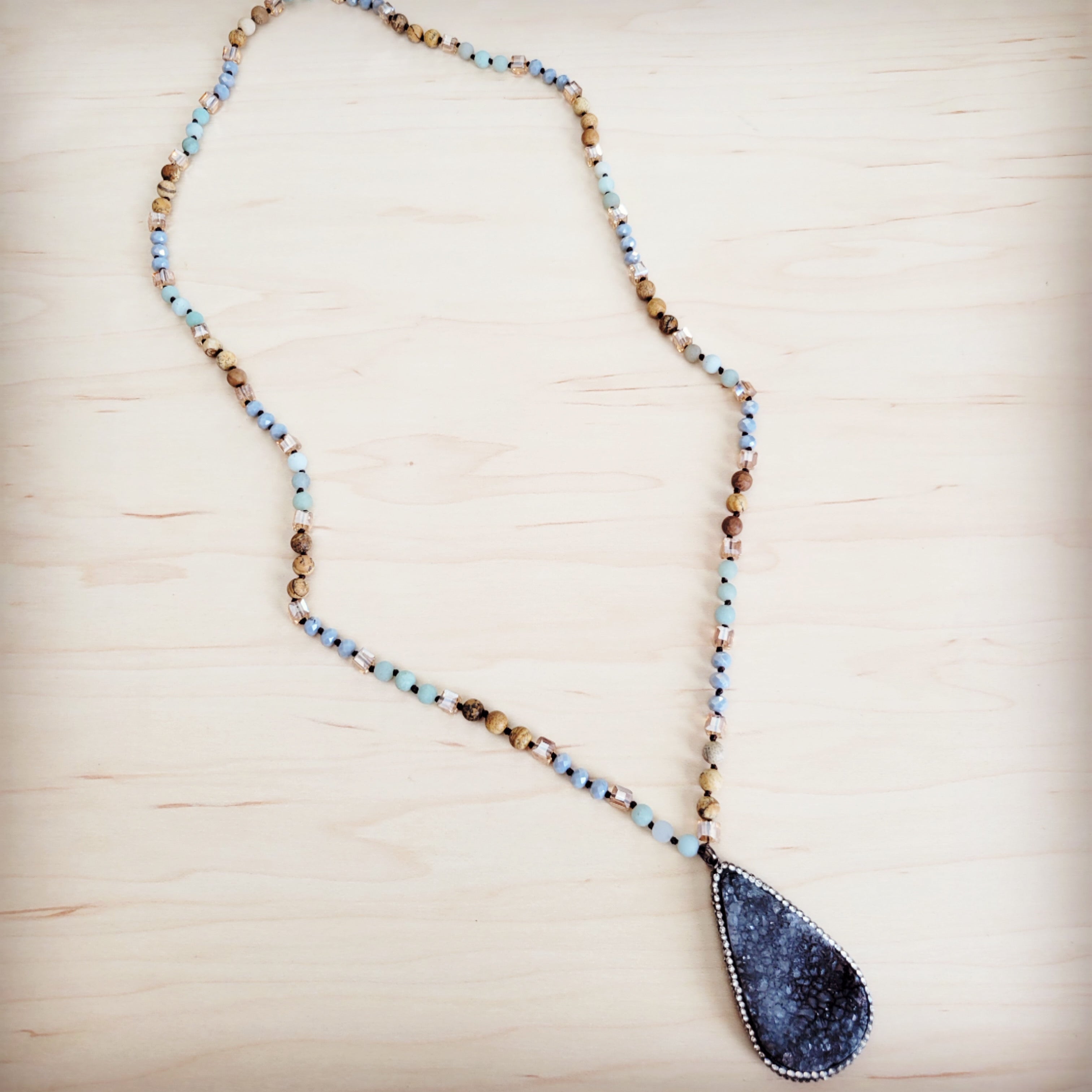 Amazonite & Crystal Long Beaded Necklace w/ Druzy Pendant 262u