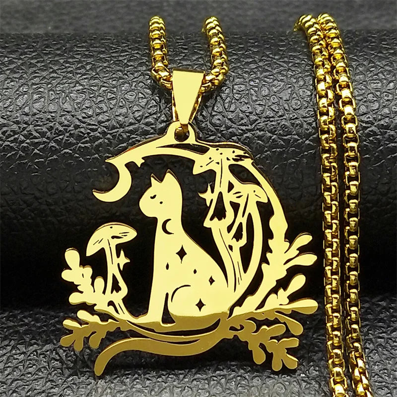 Cat Moon Mushroom Necklace