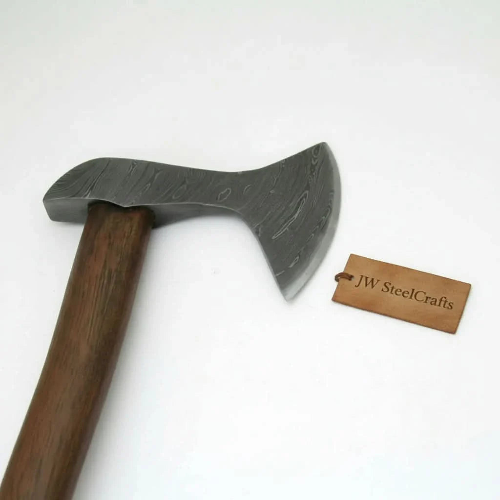 Hand Forged Damascus Steel Viking Axe – True Layered Bearded Axe with Hardwood Handle & Leather Sheath | JW SteelCrafts