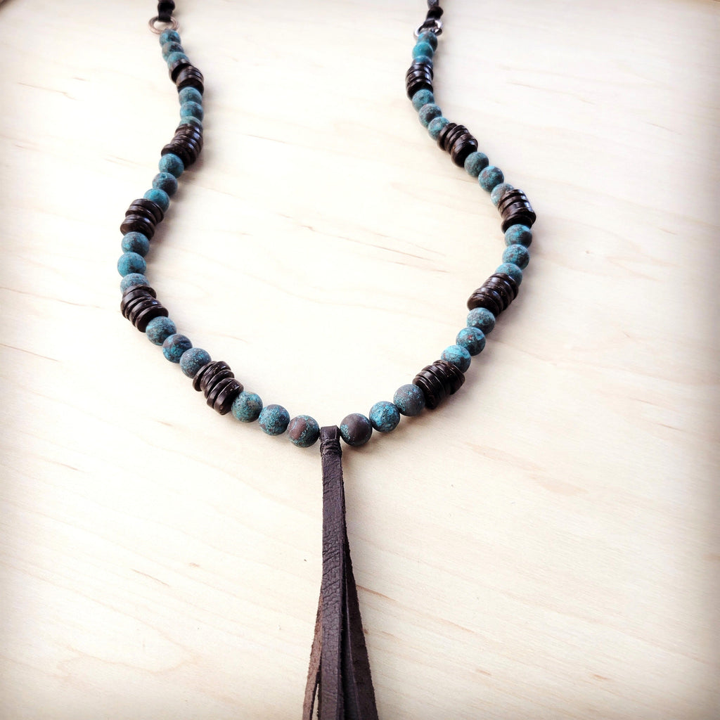 Natural American Turquoise Necklace w/ Wood Beads & Tassel 262i
