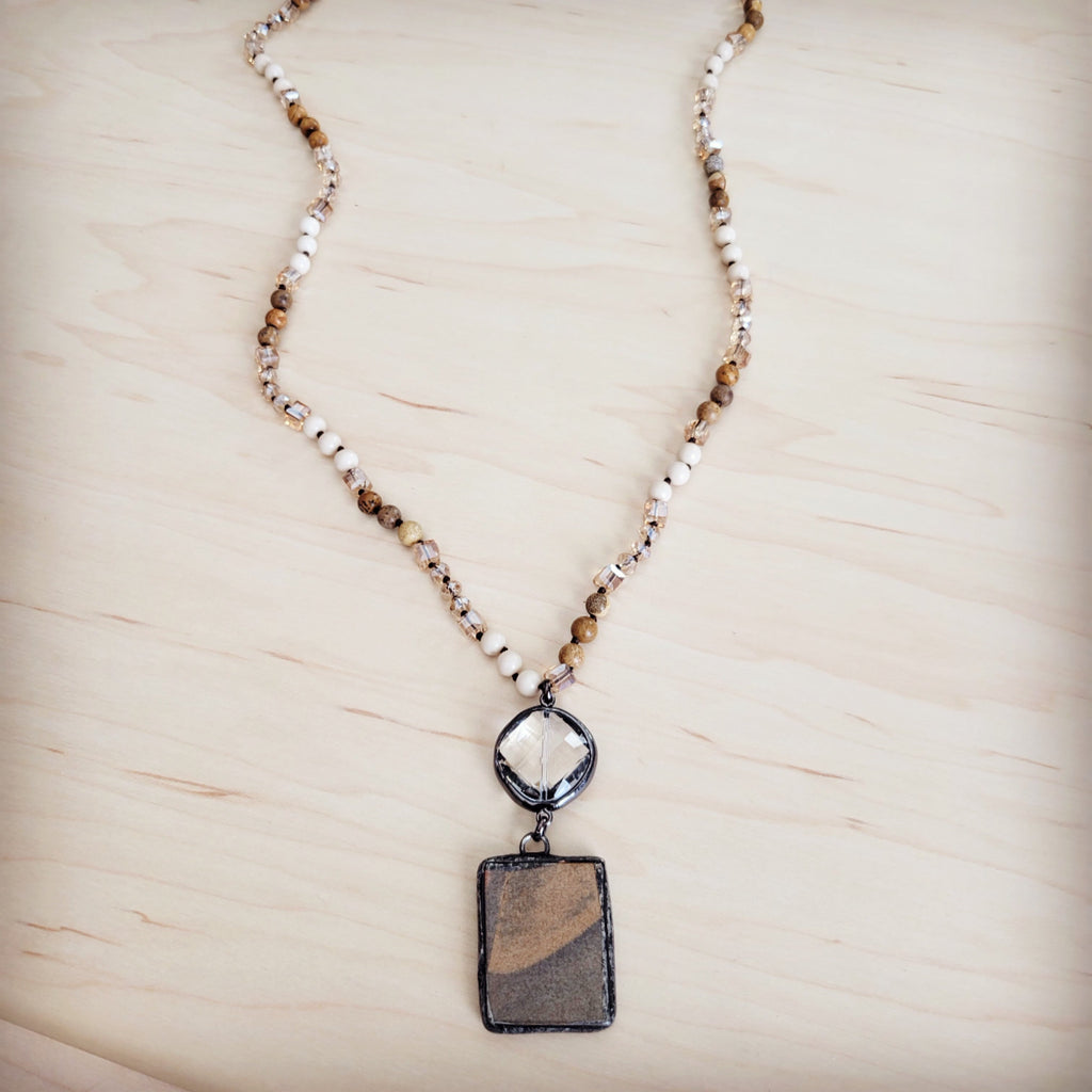 Picture Jasper & Crystal Long Beaded Necklace w/ Jasper Pendant 262t