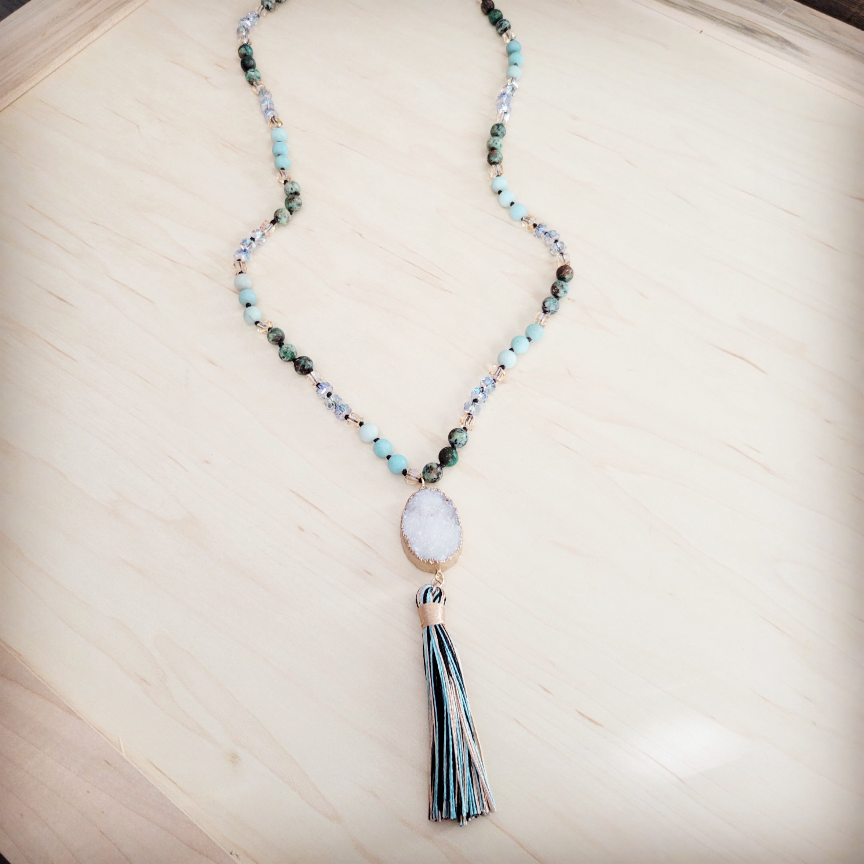 Long Amazonite Necklace with Genuine White Druzy Pendant  262j