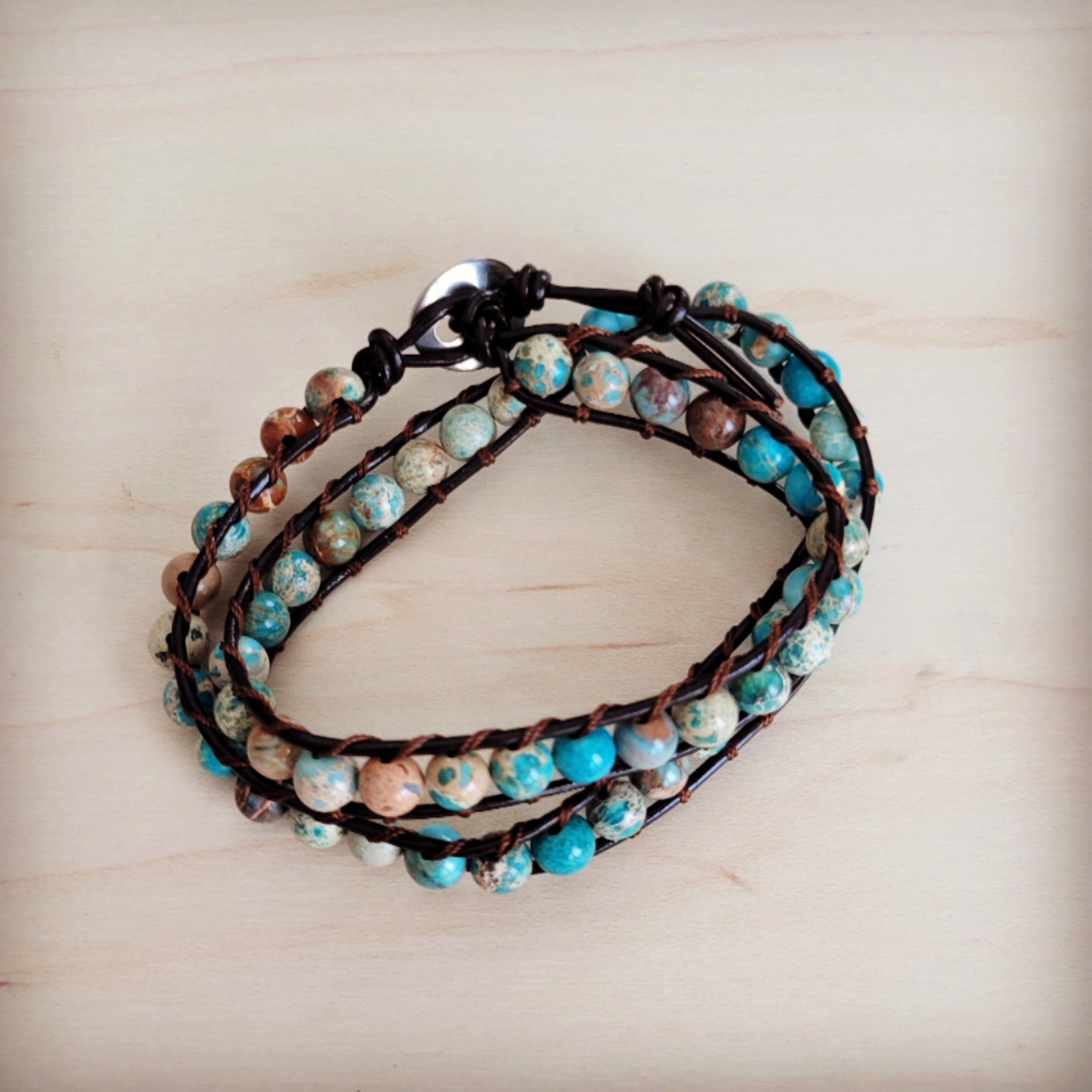 Genuine Jasper Beaded Leather Double Wrap Bracelet 811s