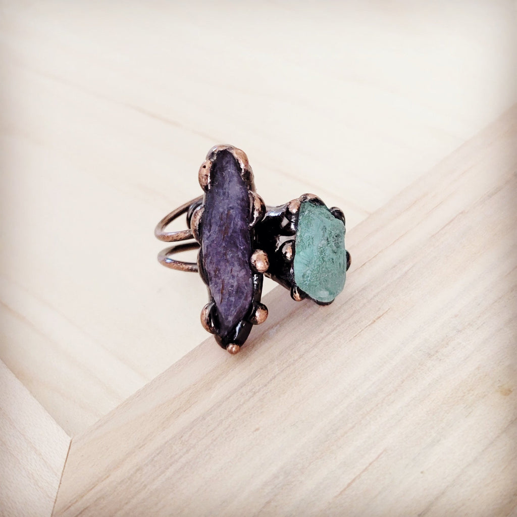 Genuine Amethyst and Quartz Ring in a Copper Setting 012a