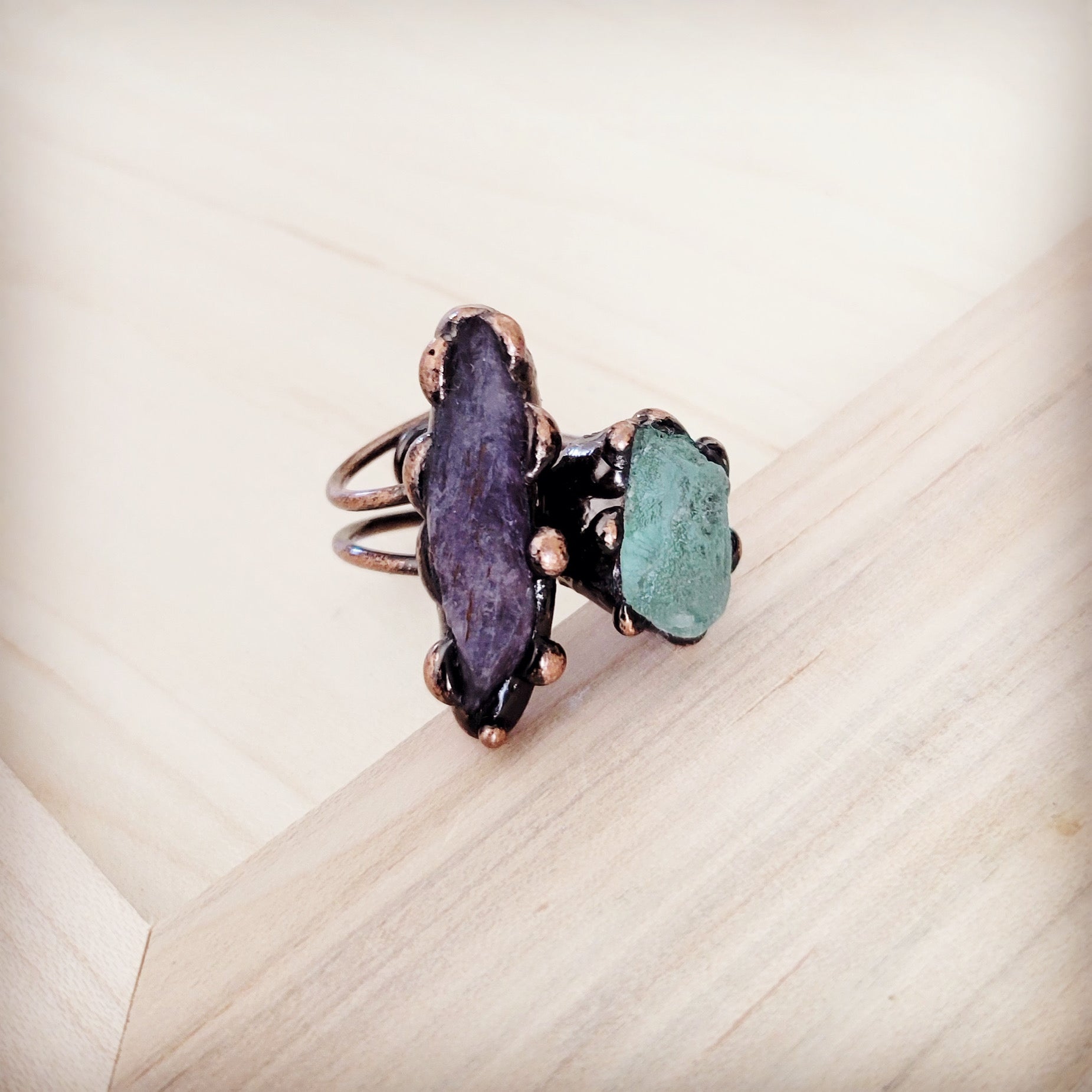Genuine Amethyst and Quartz Ring in a Copper Setting 012a