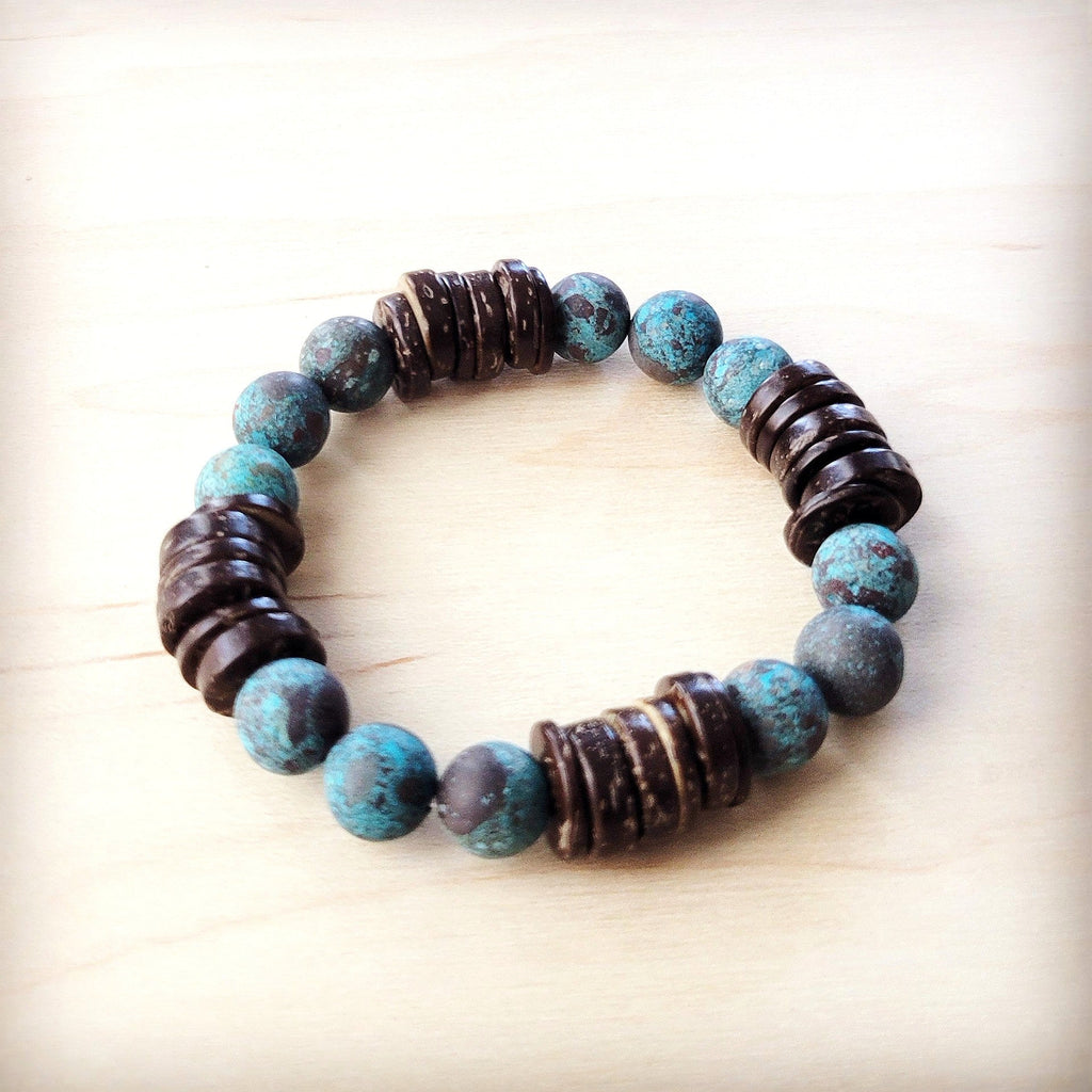 Natural American Turquoise and Wood Stretch Bracelet 811d