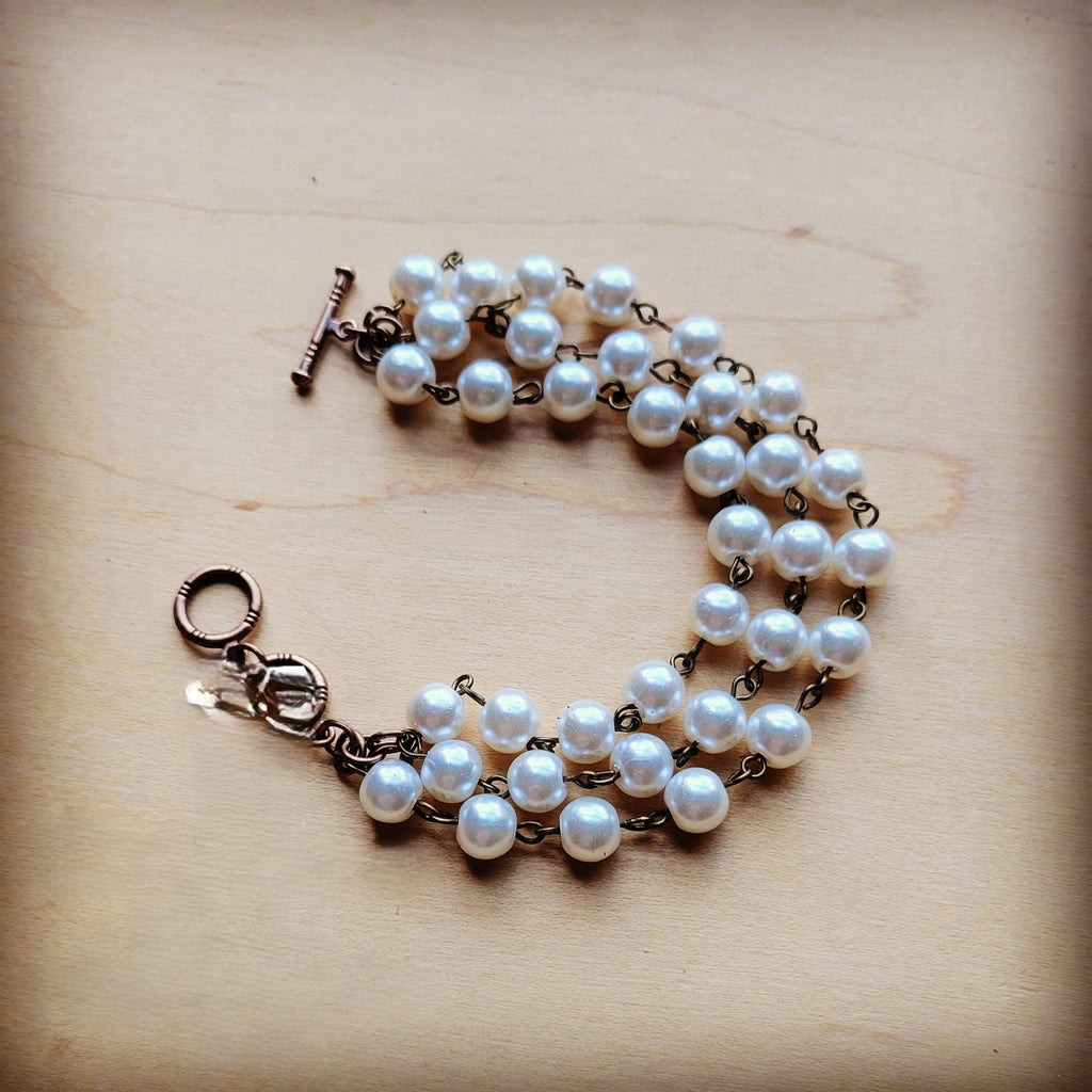 Pearl  & Copper Triple Strand Bracelet 804a