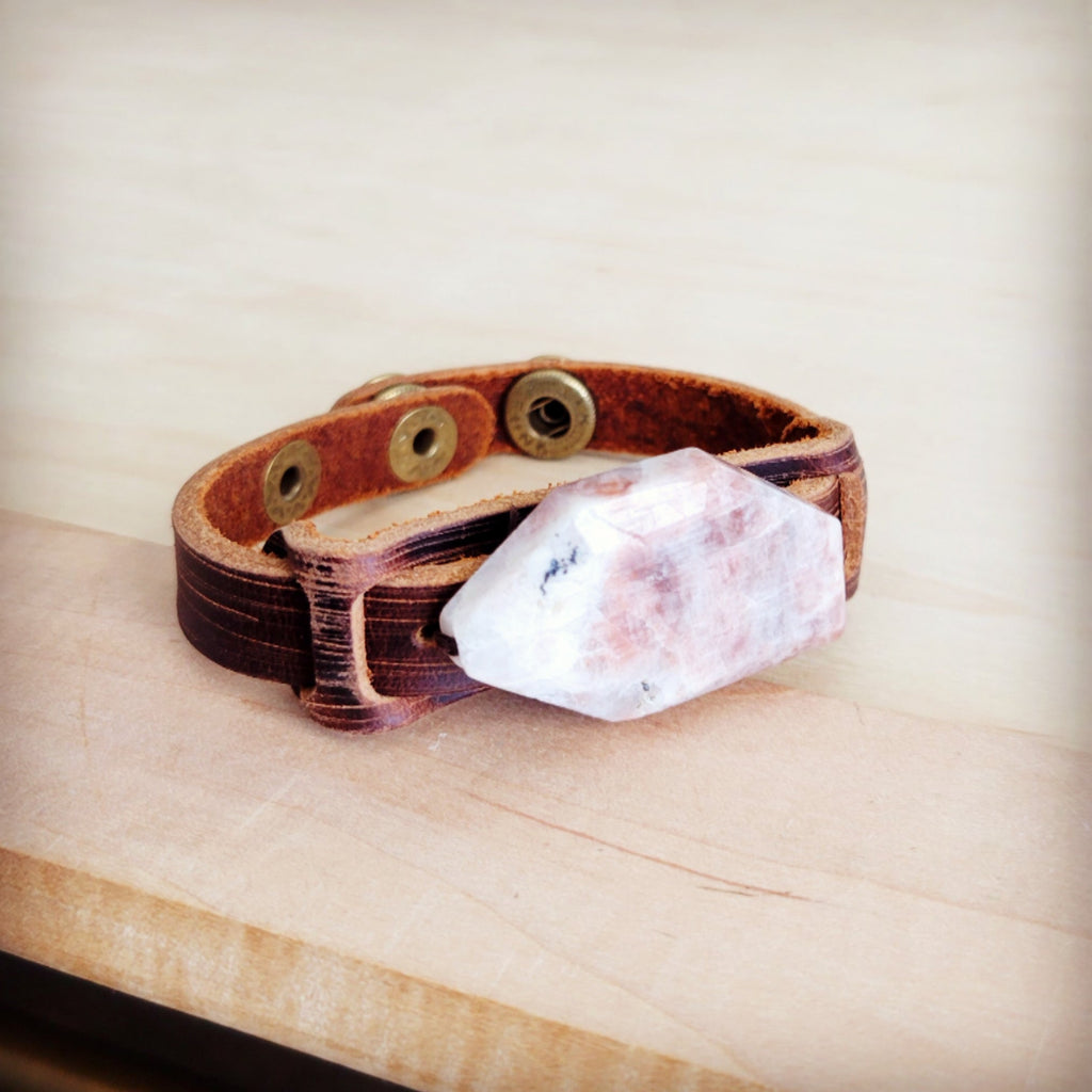 Sunstone Slab Narrow Leather Cuff Bracelet 001ab