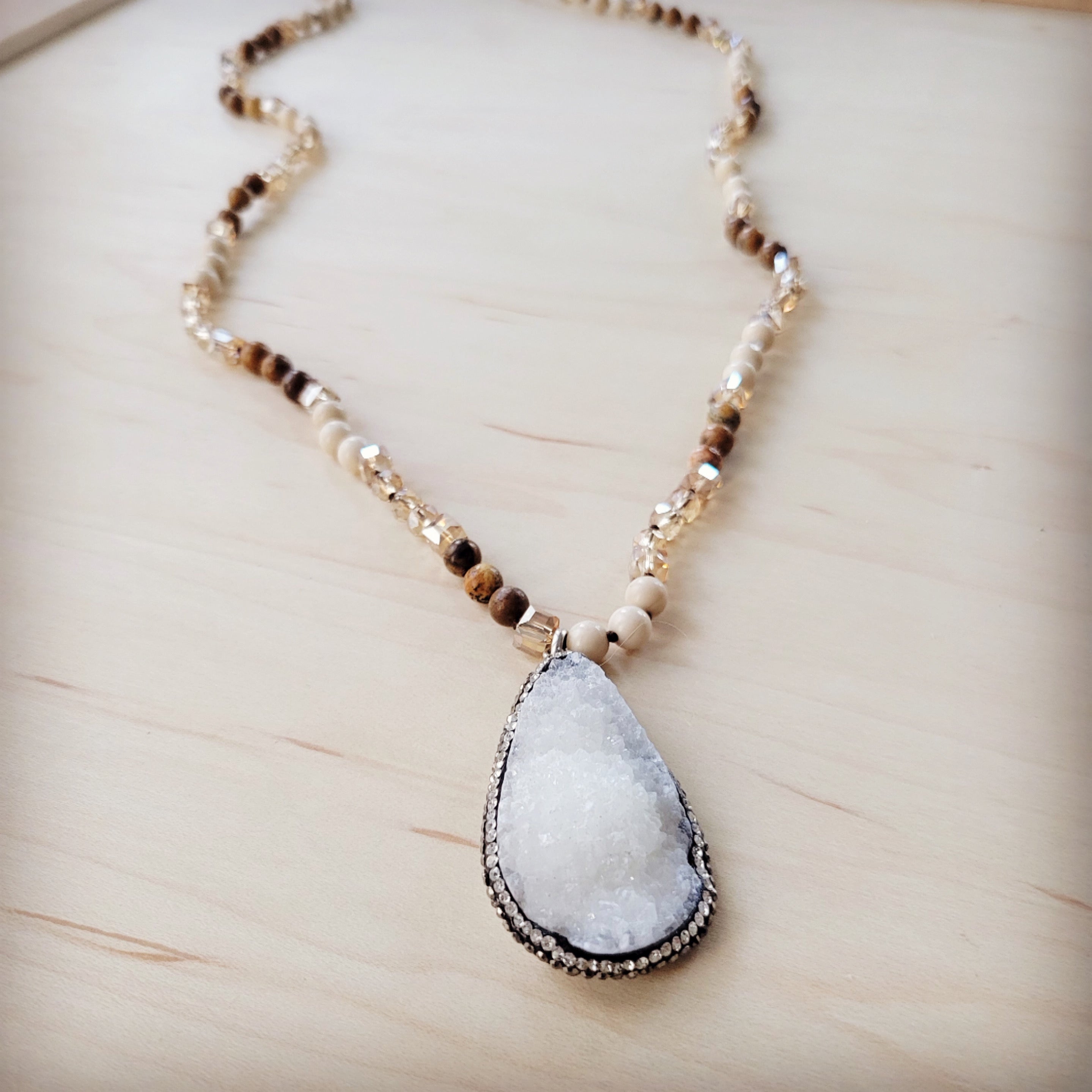 Picture Jasper Beaded Necklace w/ Druzy Pendant 262v