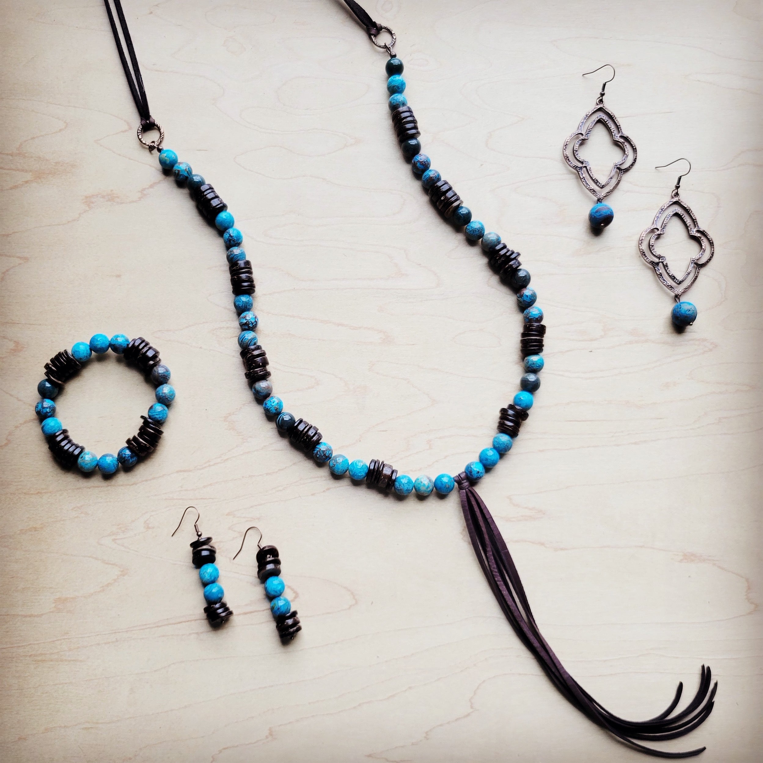 **Ocean Agate Beaded Bracelet w/ Leather Tassel and Arrowhead 810k