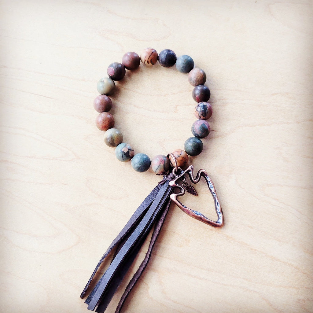 **Picasso Jasper Beaded Bracelet w/ Leather Tassel and Arrowhead 810o
