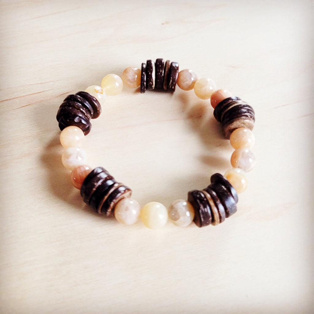 Natural Agate and Wood Beaded Stretch Bracelet 811n