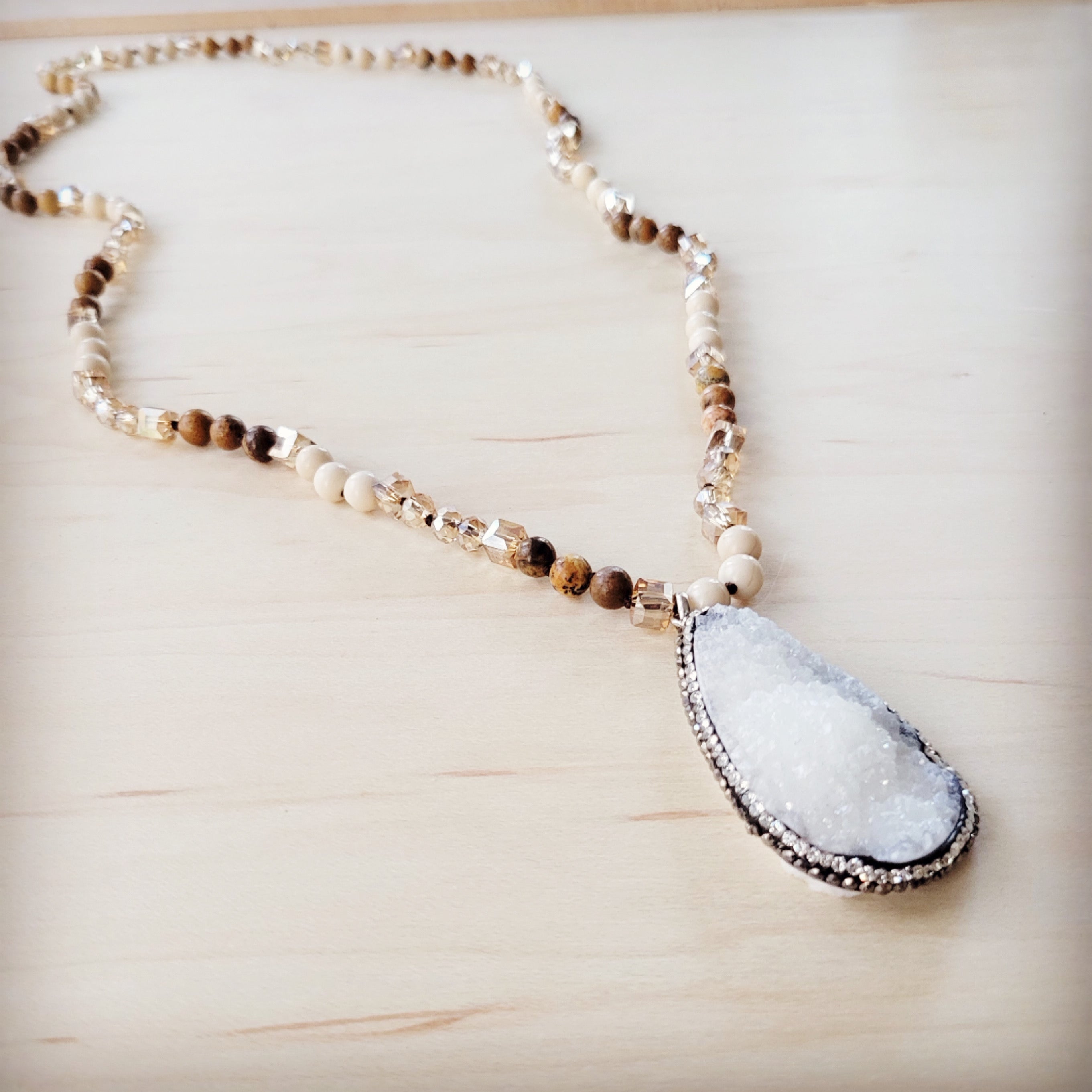 Picture Jasper Beaded Necklace w/ Druzy Pendant 262v