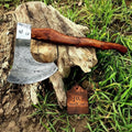 Matching Pair of Hand-Forged Damascus Bearded Axes with Curved Rosewood Handles
