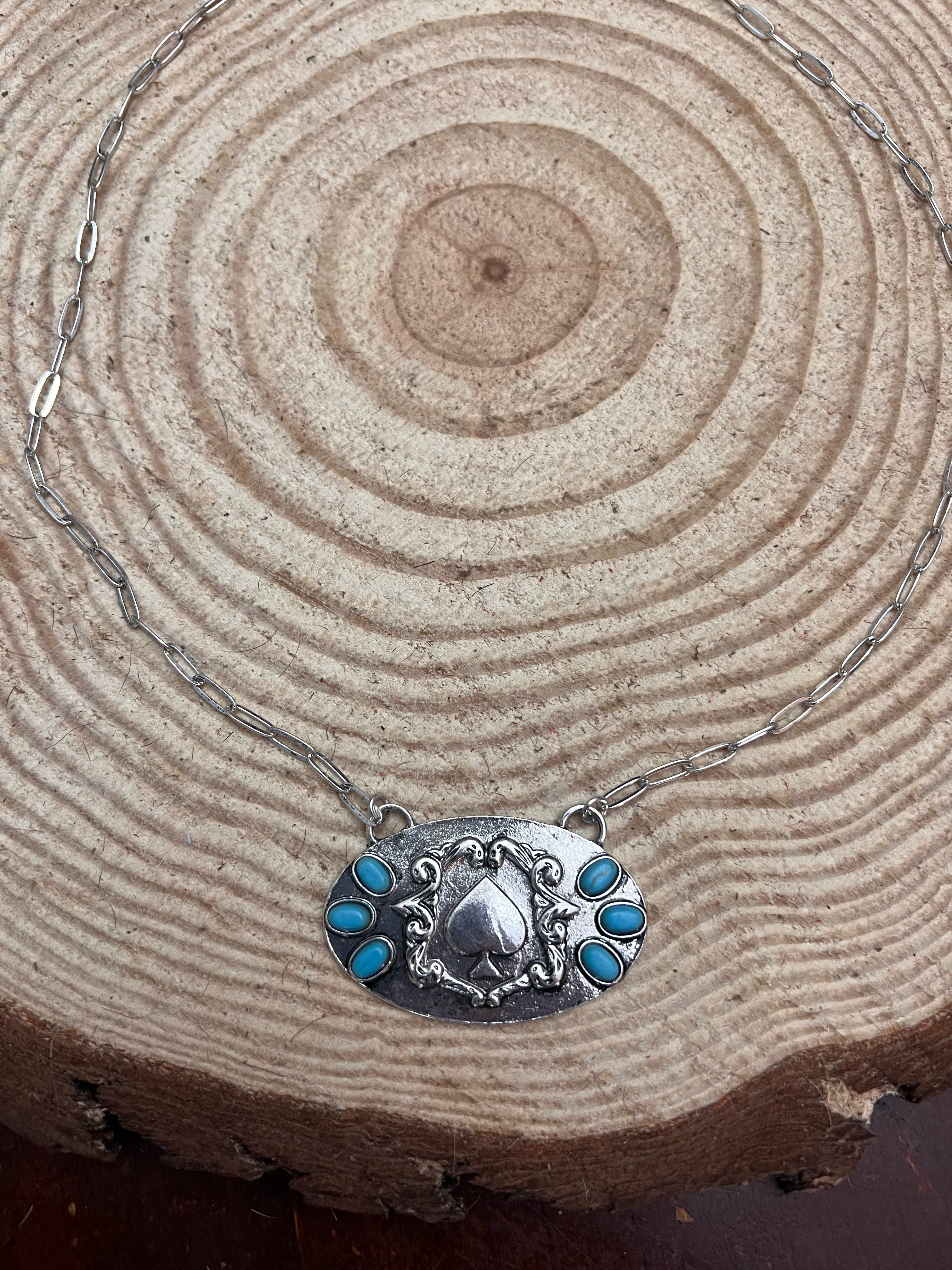Western Spade & Faux Turquoise Statement Necklace - 18" Silver Tone