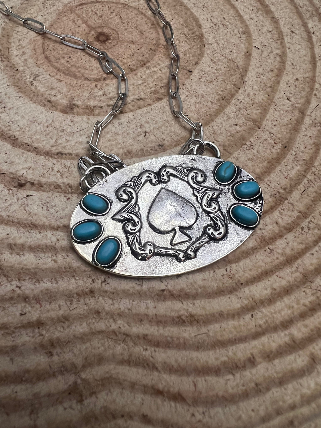 Western Spade & Faux Turquoise Statement Necklace - 18" Silver Tone