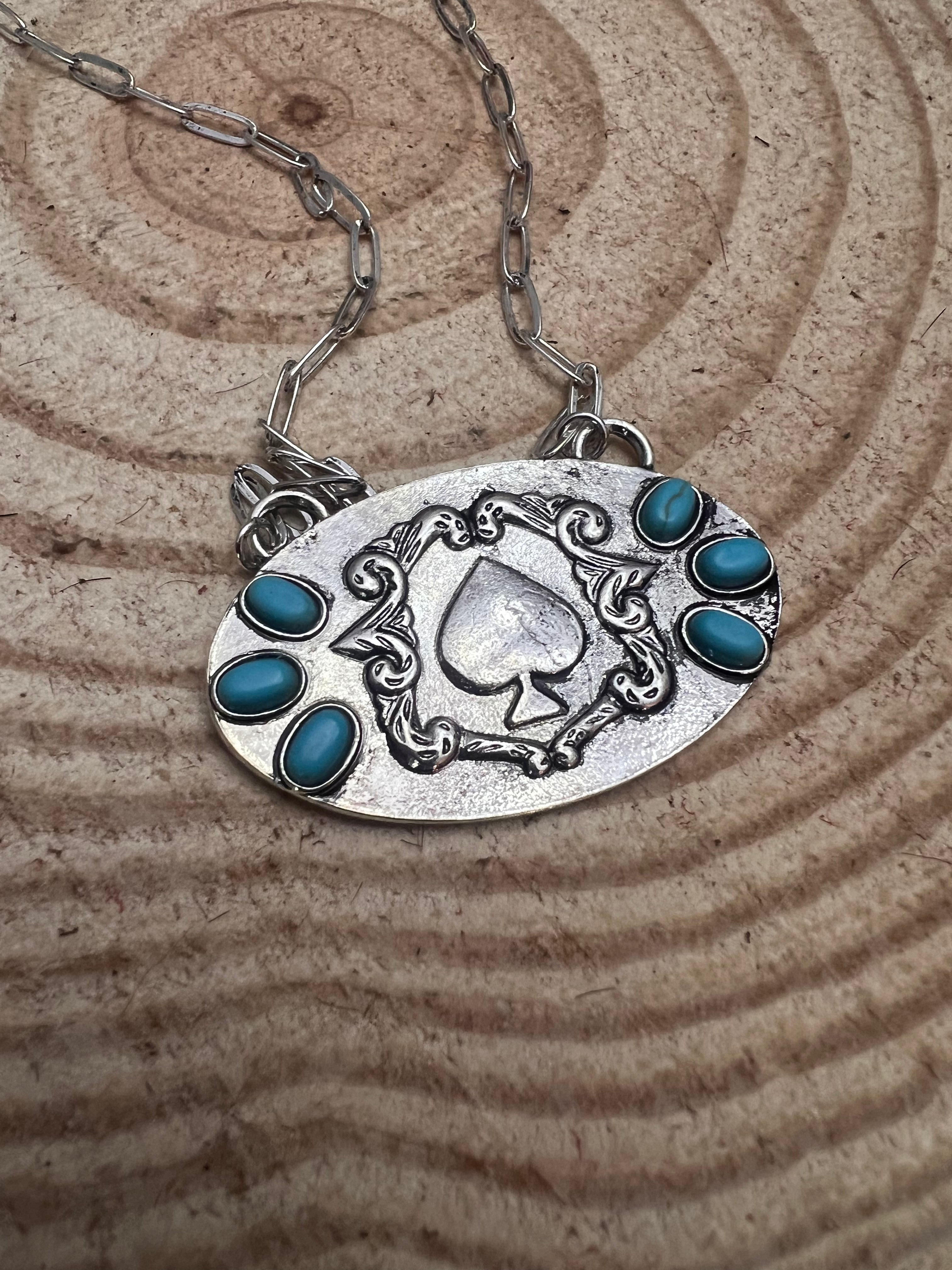 Western Spade & Faux Turquoise Statement Necklace - 18" Silver Tone