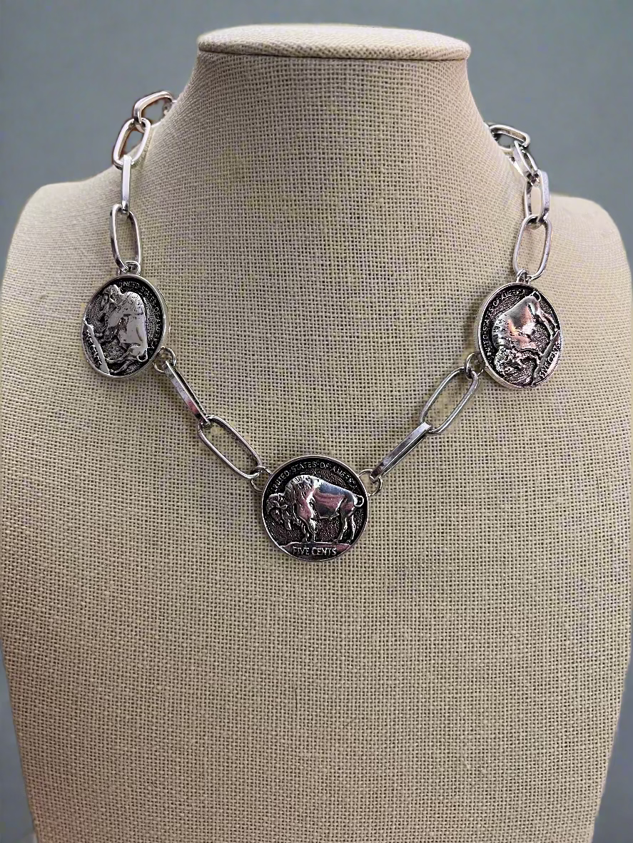 Rustic Buffalo Coin Choker & Earring Set | Burnished Faux Silver Western Jewelry