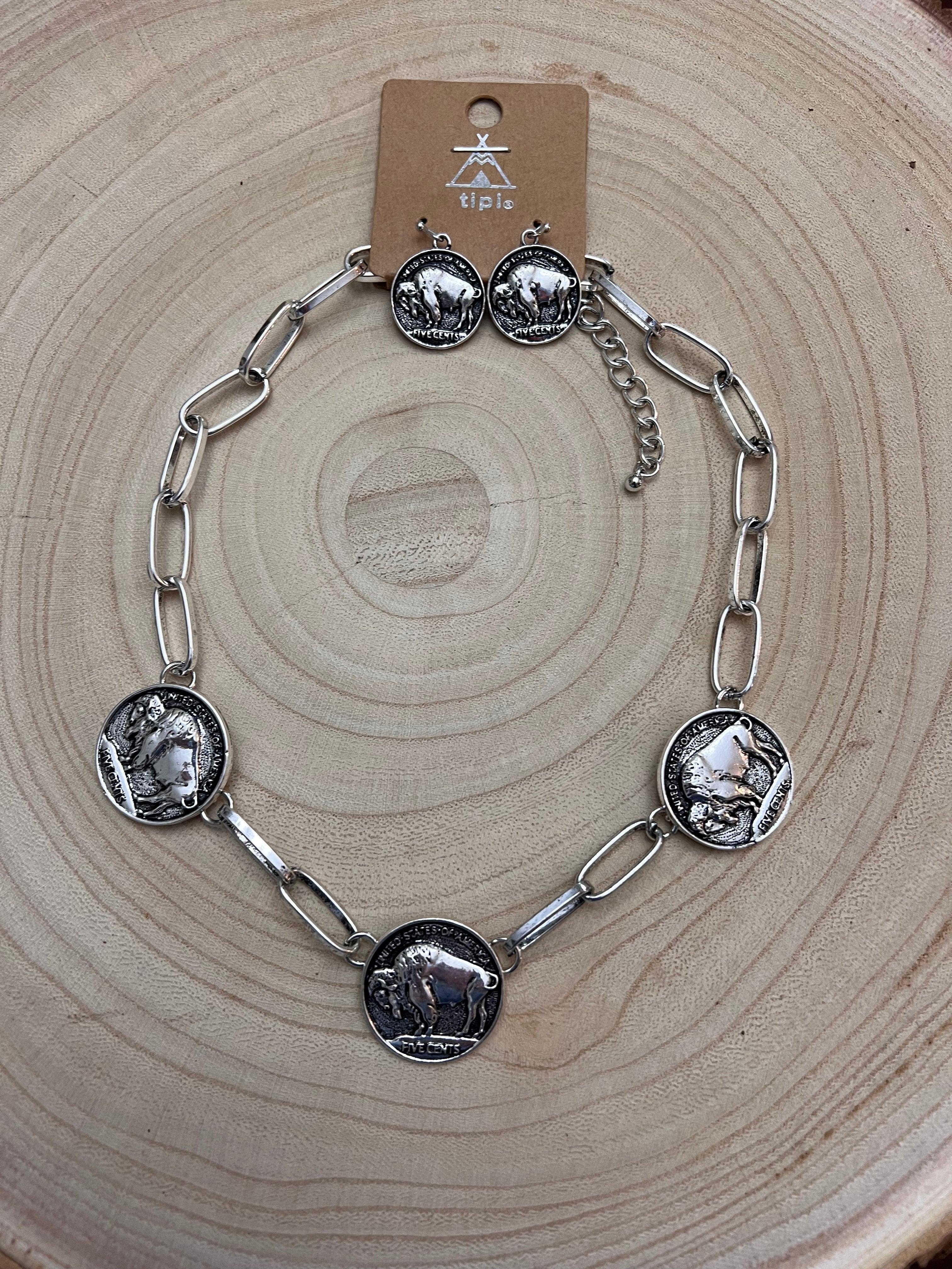 Rustic Buffalo Coin Choker & Earring Set | Burnished Faux Silver Western Jewelry