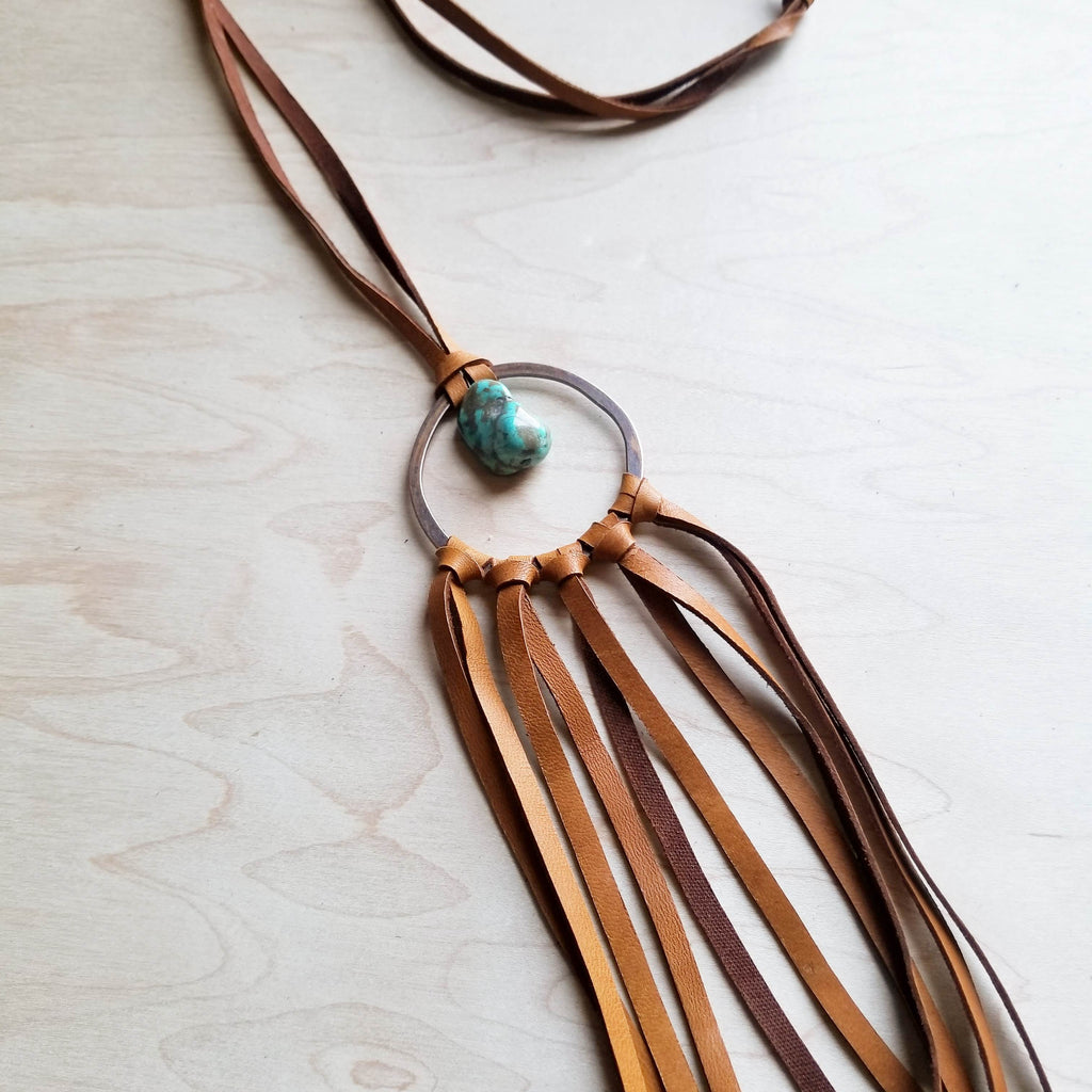 **Tan Vegan Leather Dream Catcher Necklace with Natural Turquoise 246t