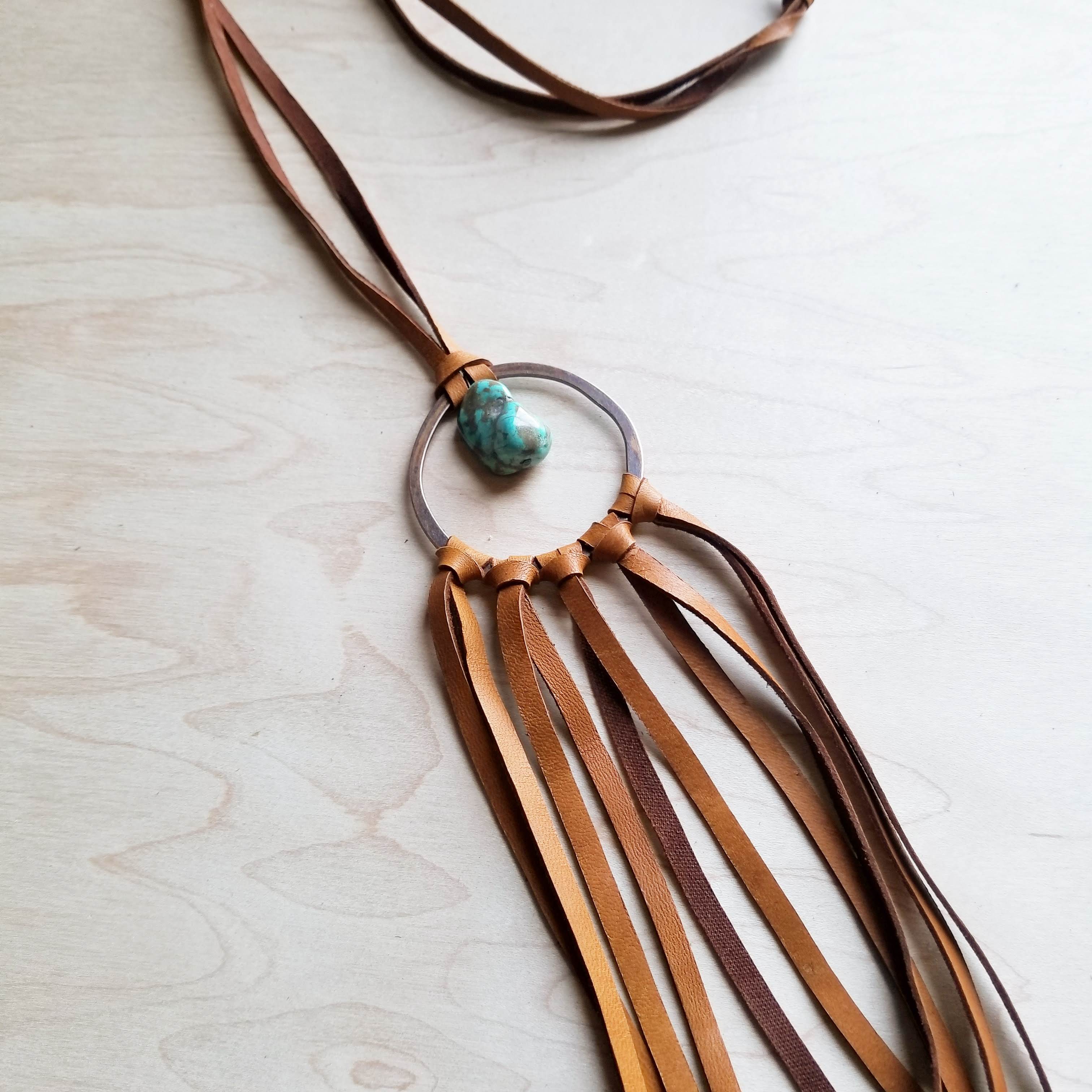 **Tan Vegan Leather Dream Catcher Necklace with Natural Turquoise 246t