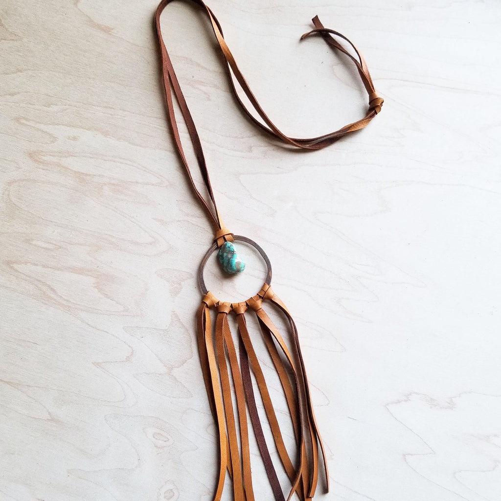 **Tan Vegan Leather Dream Catcher Necklace with Natural Turquoise 246t
