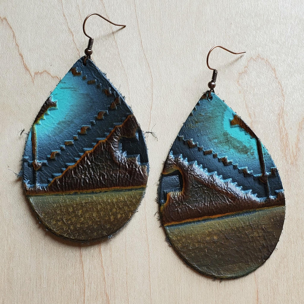 **Leather Teardrop Earrings in Blue Navajo 223z